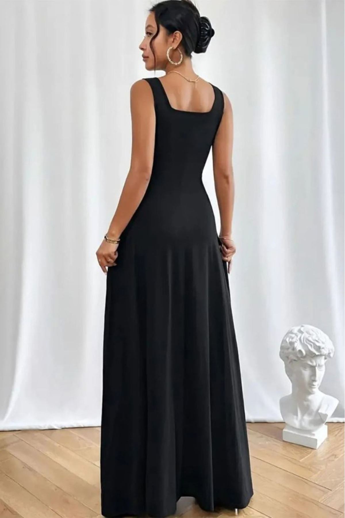 Kadın Askılı U Yaka Janjan Krep Elbise