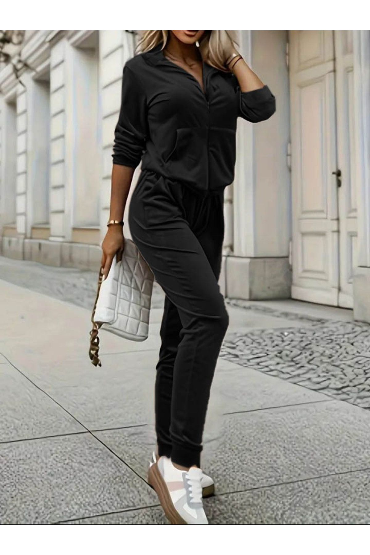 Kadın Uzun Kollu önden Cepli Fermuarlı Kadife Bluz Ve Pantolon Ikili Takım