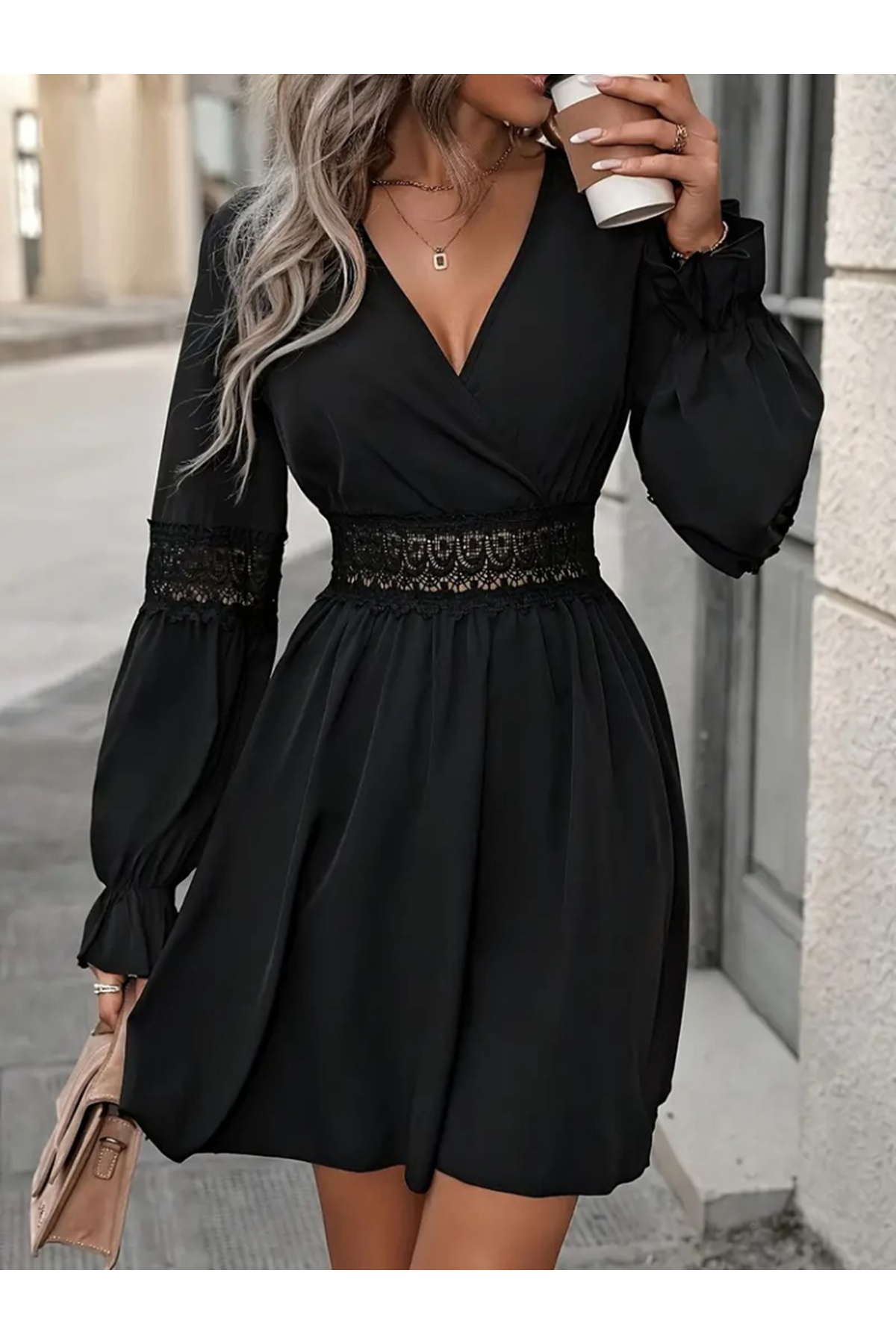 Kadın Uzun Kollu Kruvaze Yakalı Dantelli Fermuar Detaylı Kısa Ithal Krep Elbise