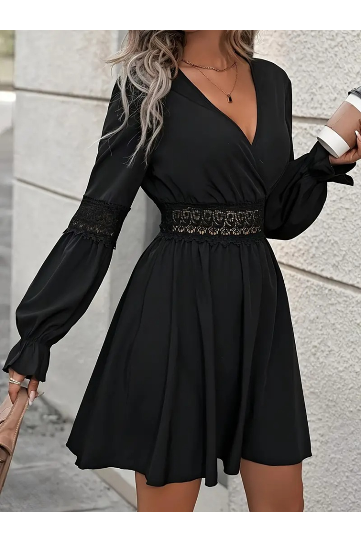 Kadın Uzun Kollu Kruvaze Yakalı Dantelli Fermuar Detaylı Kısa Ithal Krep Elbise