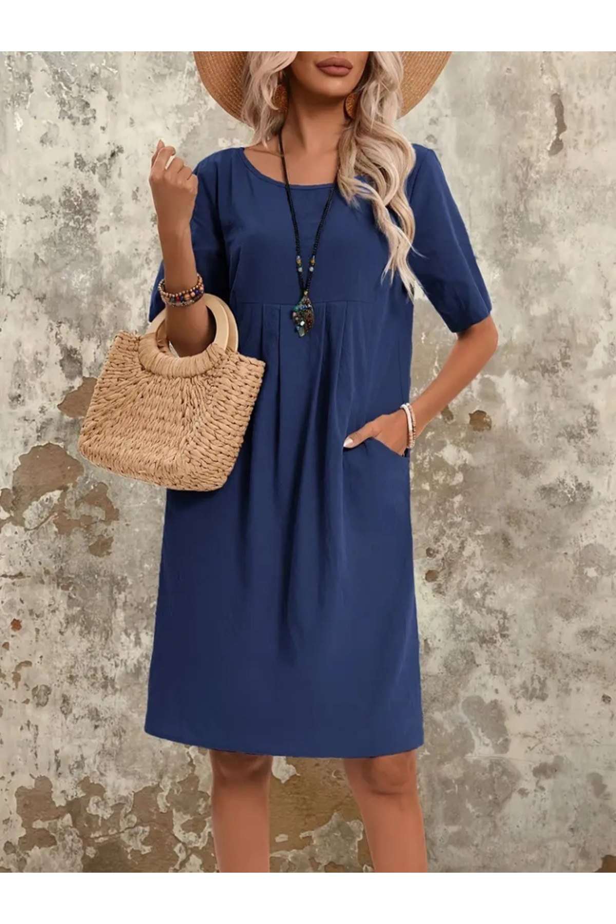 Kadın Kısa Kollu Yakası Açık önden Büzgülü Cep Detaylı Viskon Iki Iplik Elbise