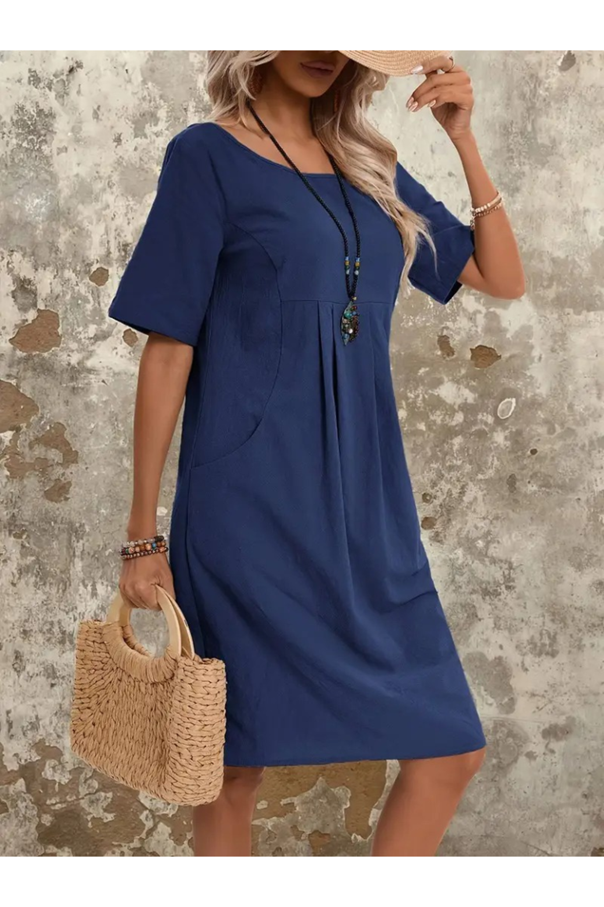 Kadın Kısa Kollu Yakası Açık önden Büzgülü Cep Detaylı Viskon Iki Iplik Elbise