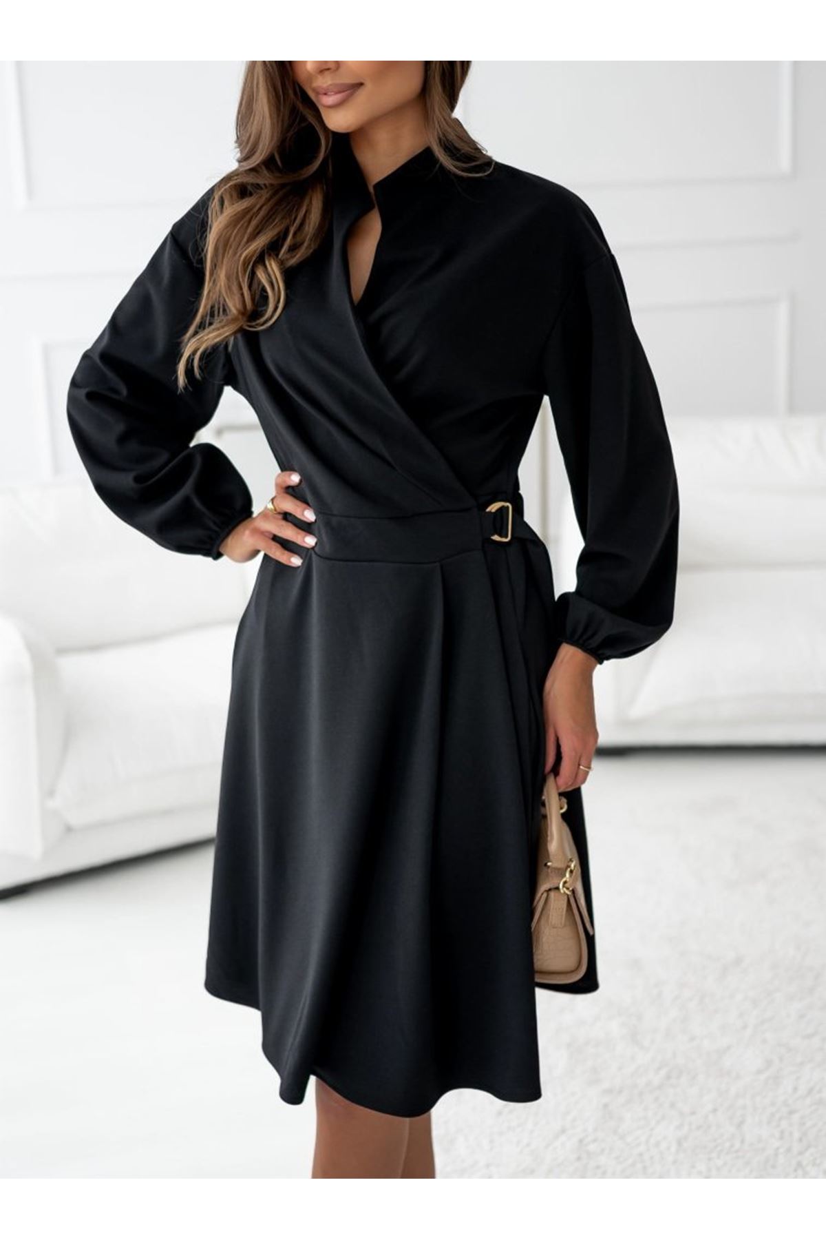 Kadın Uzun Kollu Hakim V Yakalı Yandan Toka Detaylı Ithal Mini Krep Elbise