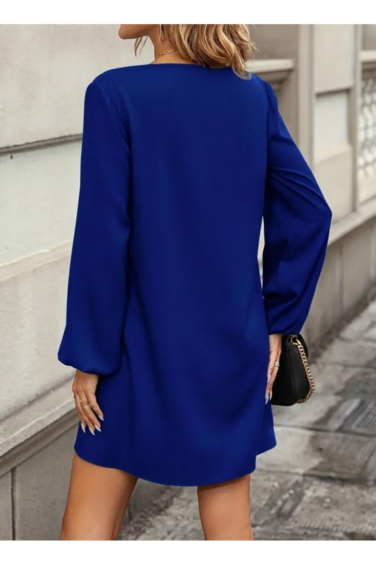 Kadın Uzun Kollu Yuvarlak Yaka Mini Ithal Krep Elbise
