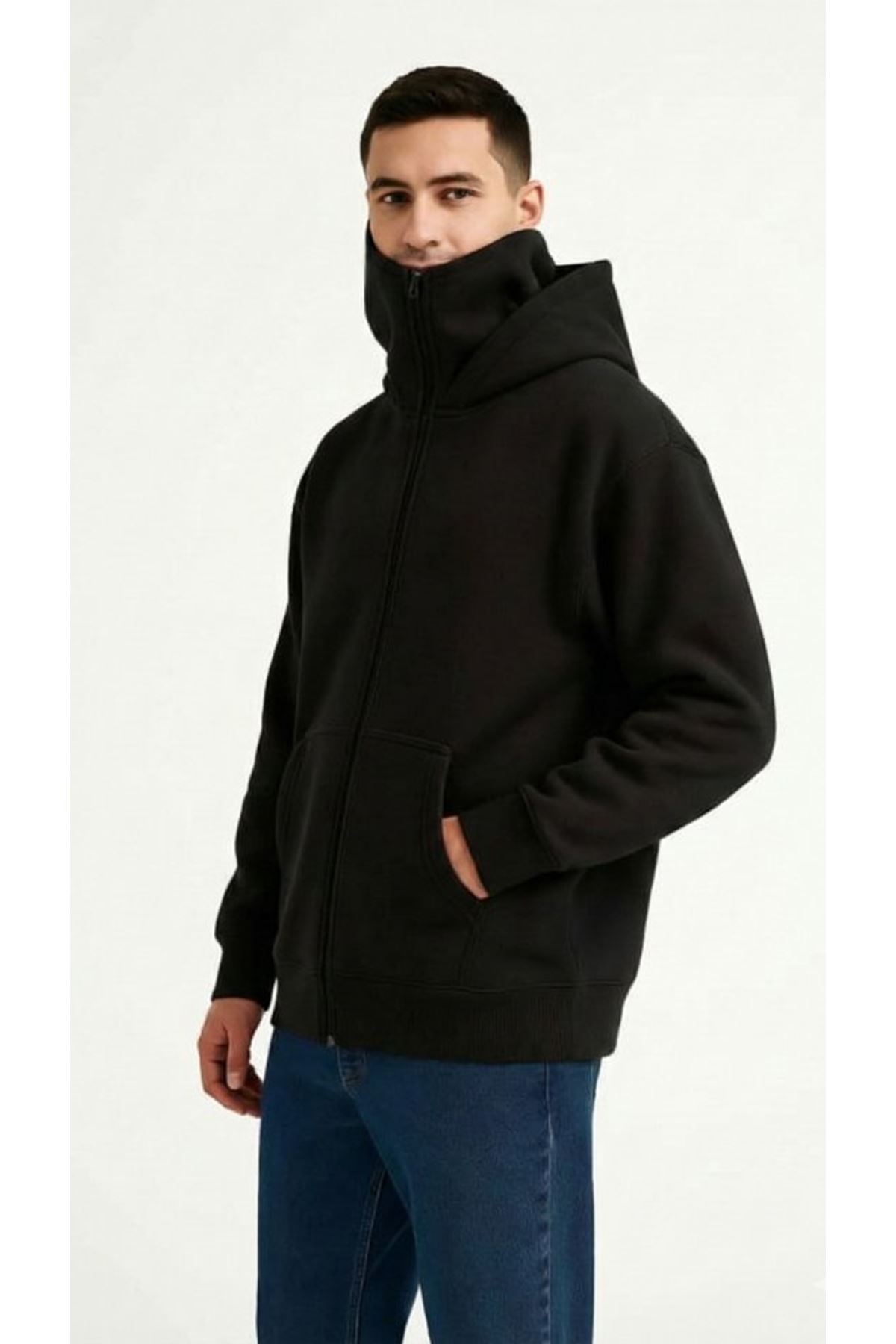 Samuray Ninja Çift Kapüşonlu ZIP Fermuarlı Kanguru Cepli Tam Fermuarlı Hoodie Sweatshirt - Siyah