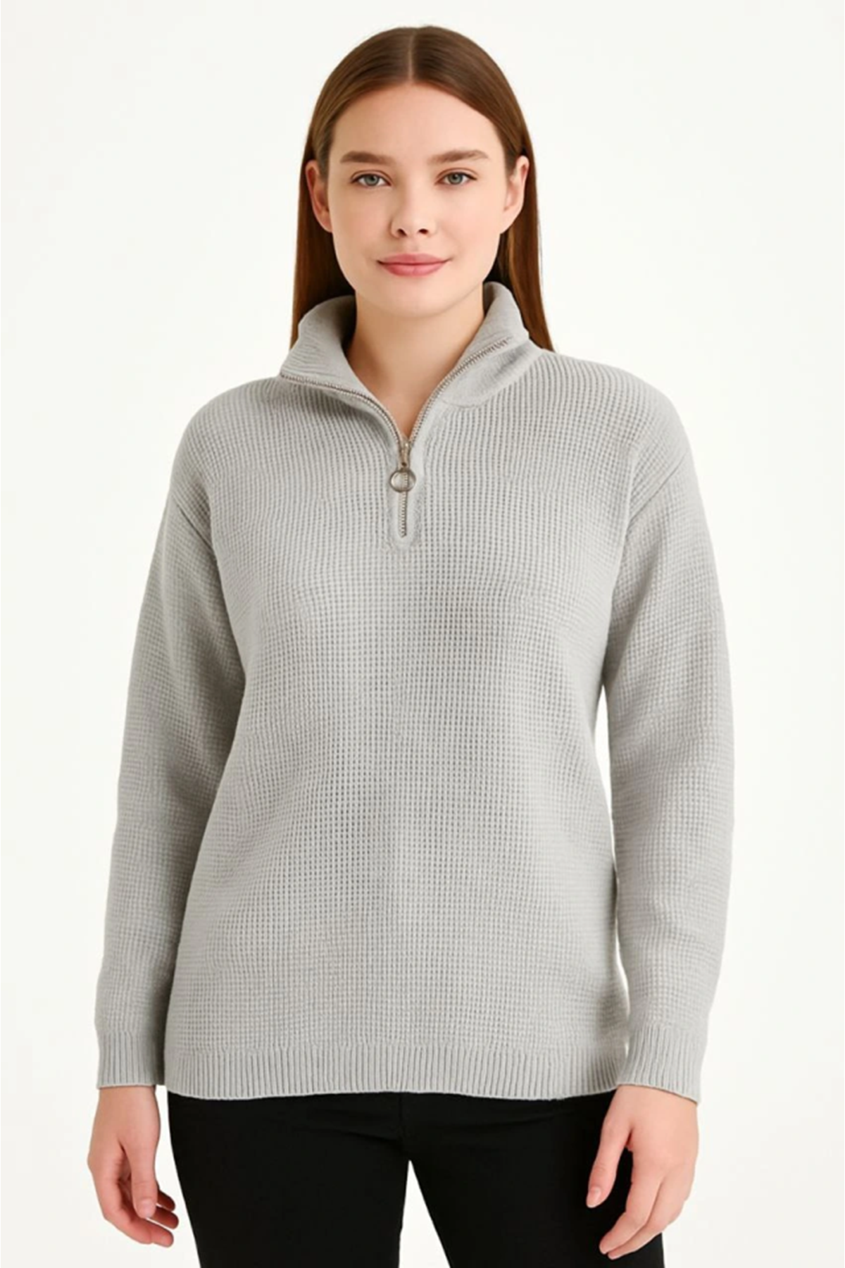 KADIN Yarım Fermuarlı Triko Kazak – Selanik Örgü, Dik Yaka, Pamuklu Dokuma, Regular Fit Uzun Kollu Kışlık Model - Gri
