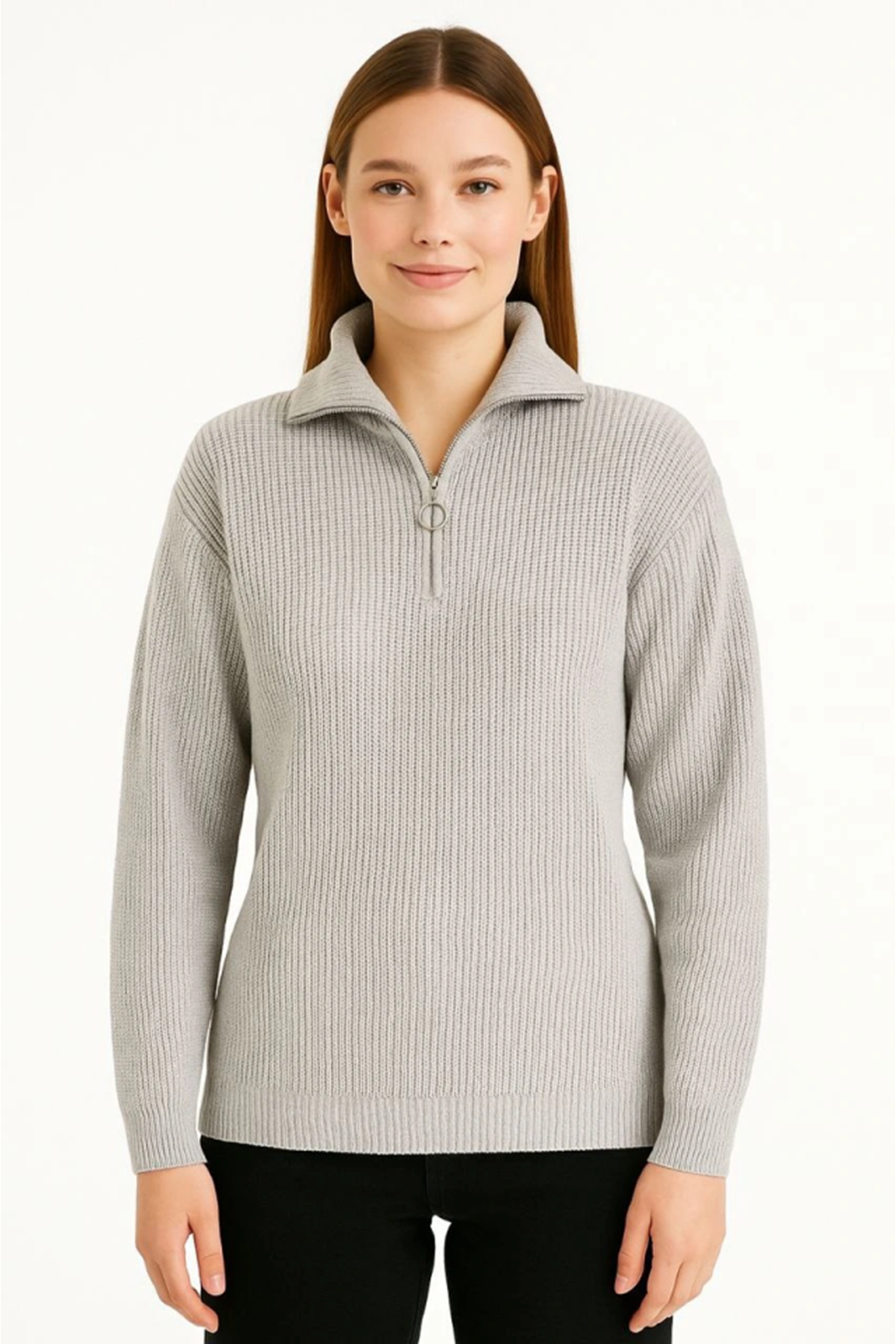 KADIN Yarım Fermuarlı Triko Kazak – Selanik Örgü, Dik Yaka, Pamuklu Dokuma, Regular Fit Uzun Kollu Kışlık Model - Gri