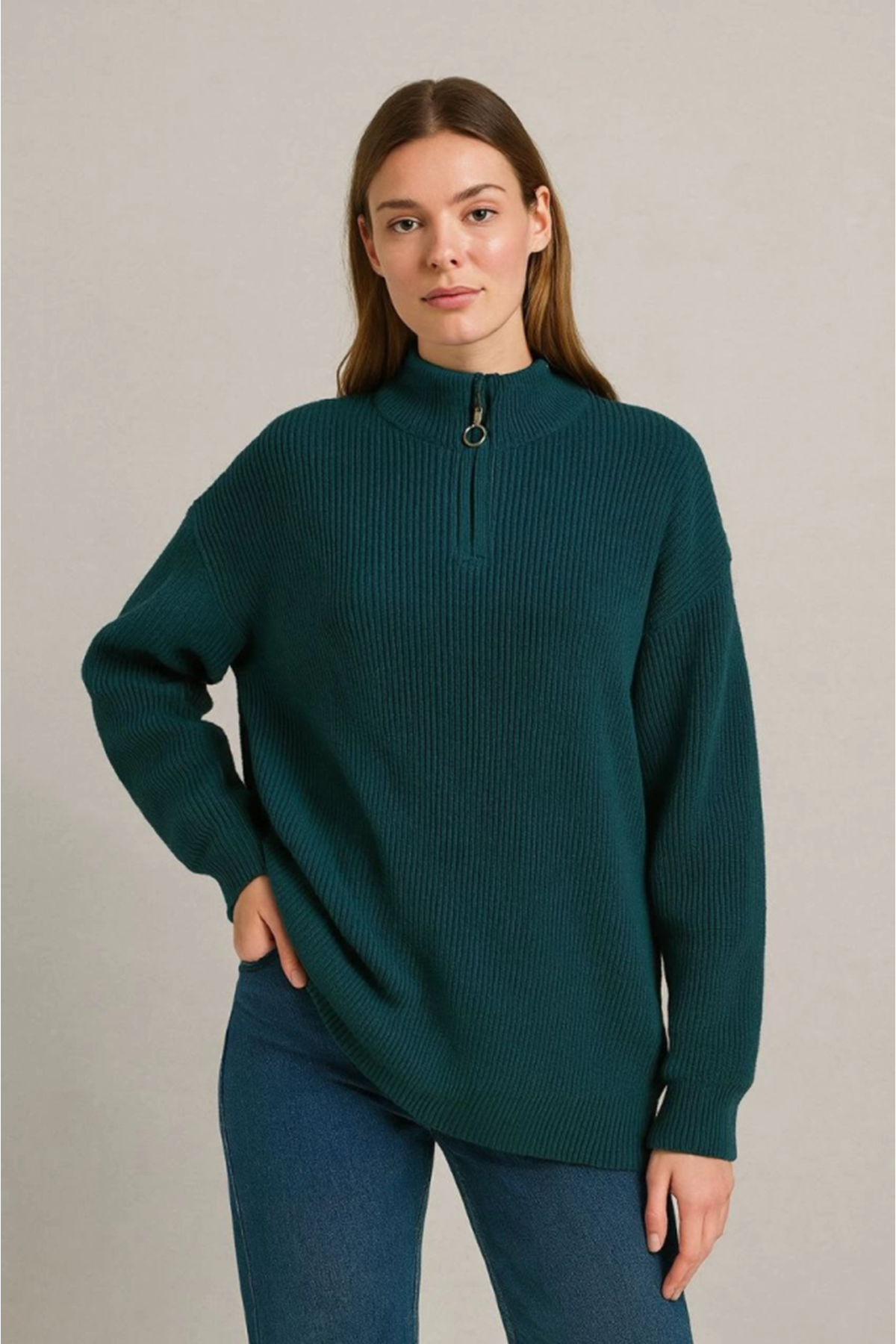 KADIN Yarım Fermuarlı Triko Kazak – Selanik Örgü, Dik Yaka, Pamuklu Dokuma, Oversize Uzun Kollu Kışlık Model - Haki