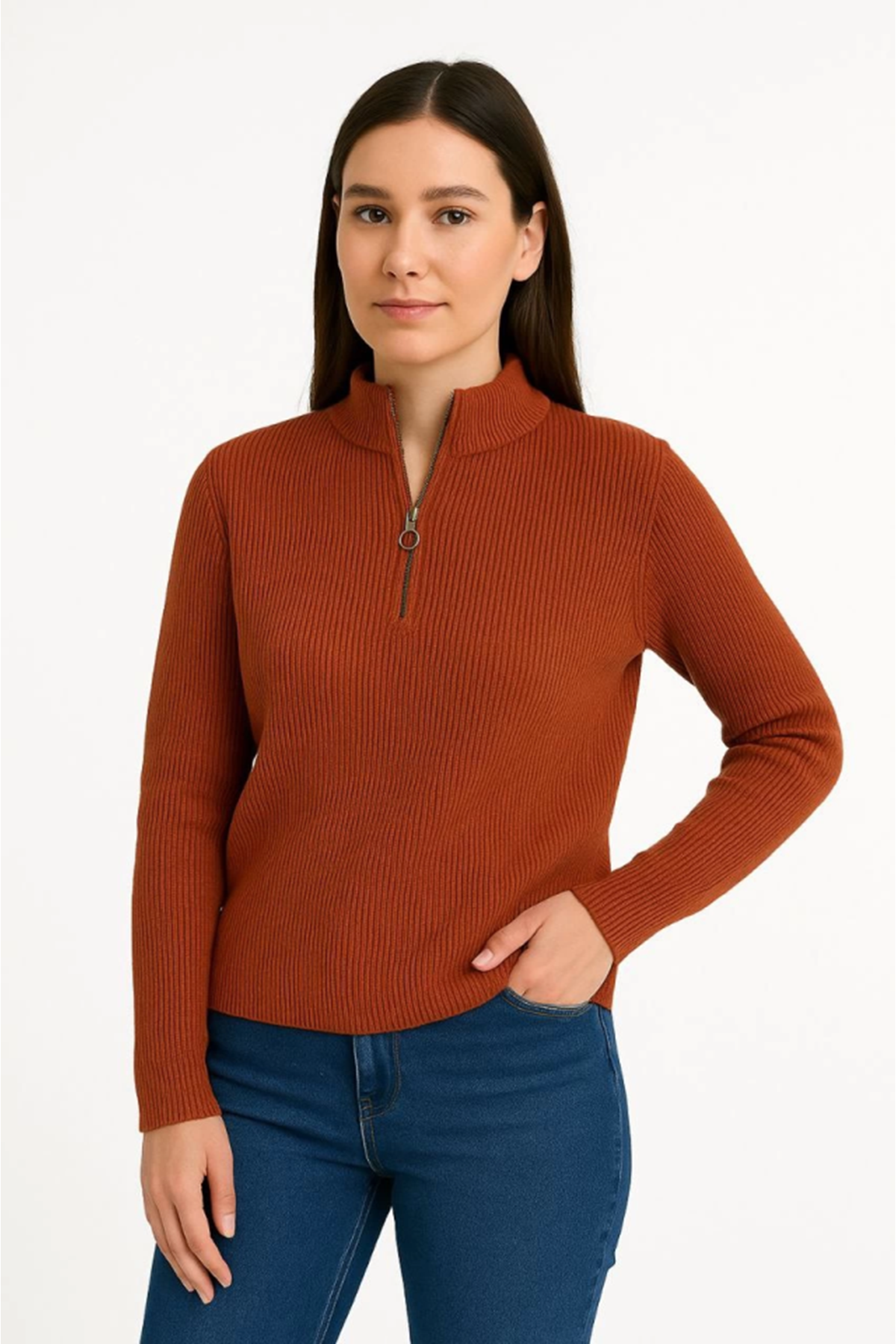 KADIN Yarım Fermuarlı Triko Kazak – Selanik Örgü, Dik Yaka, Pamuklu Dokuma, Oversize Uzun Kollu Kışlık Model - Kiremit