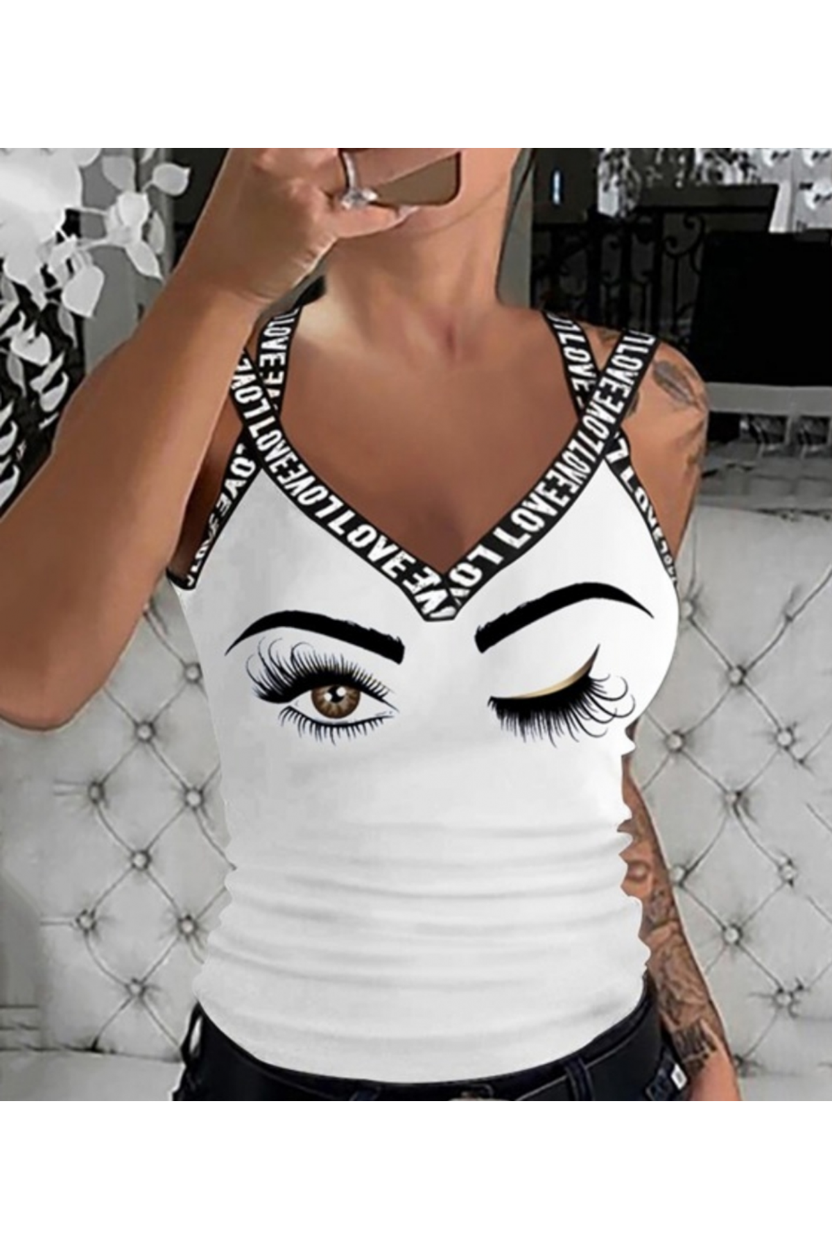 Kadın çapraz şeritli Göz Baskılı Viskon Bluz