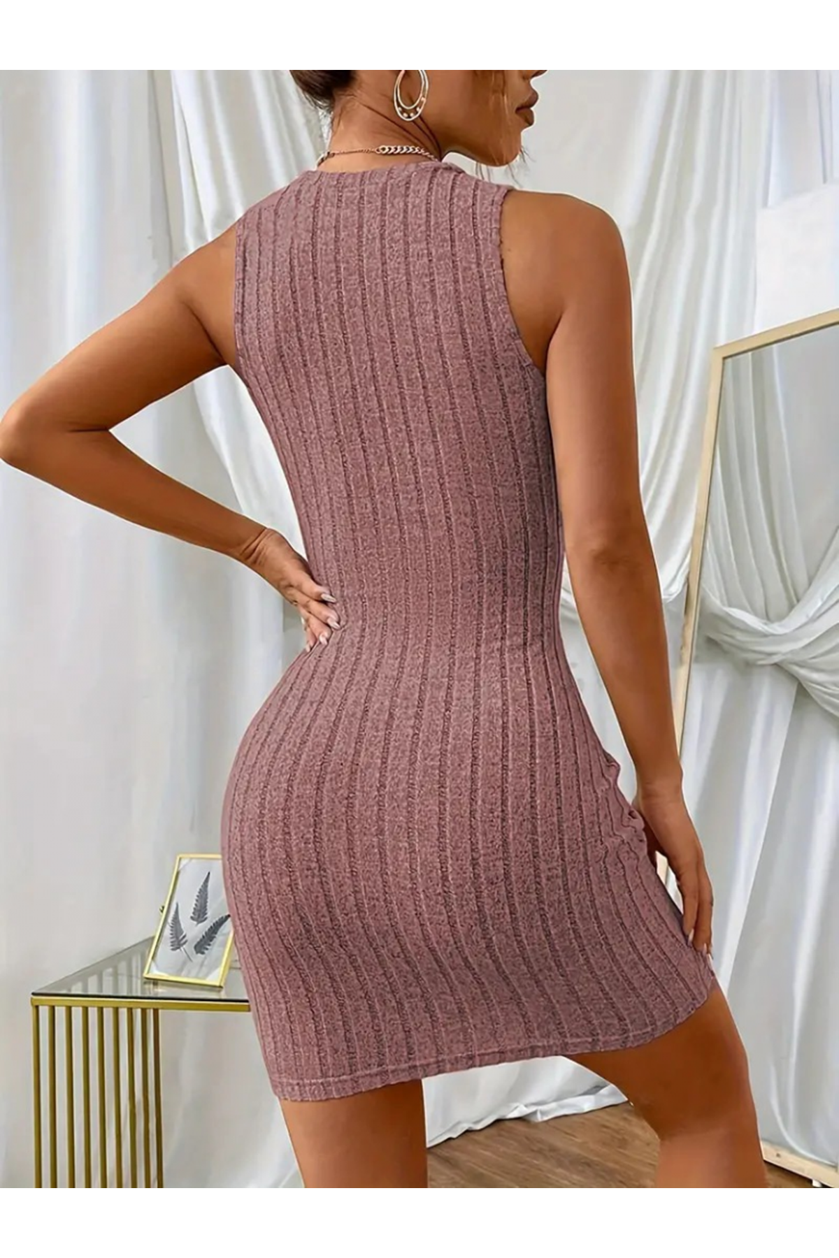 Kadın Kolsuz Bisiklet Yaka Kalın Fitilli Kaşkorse Mini Elbise