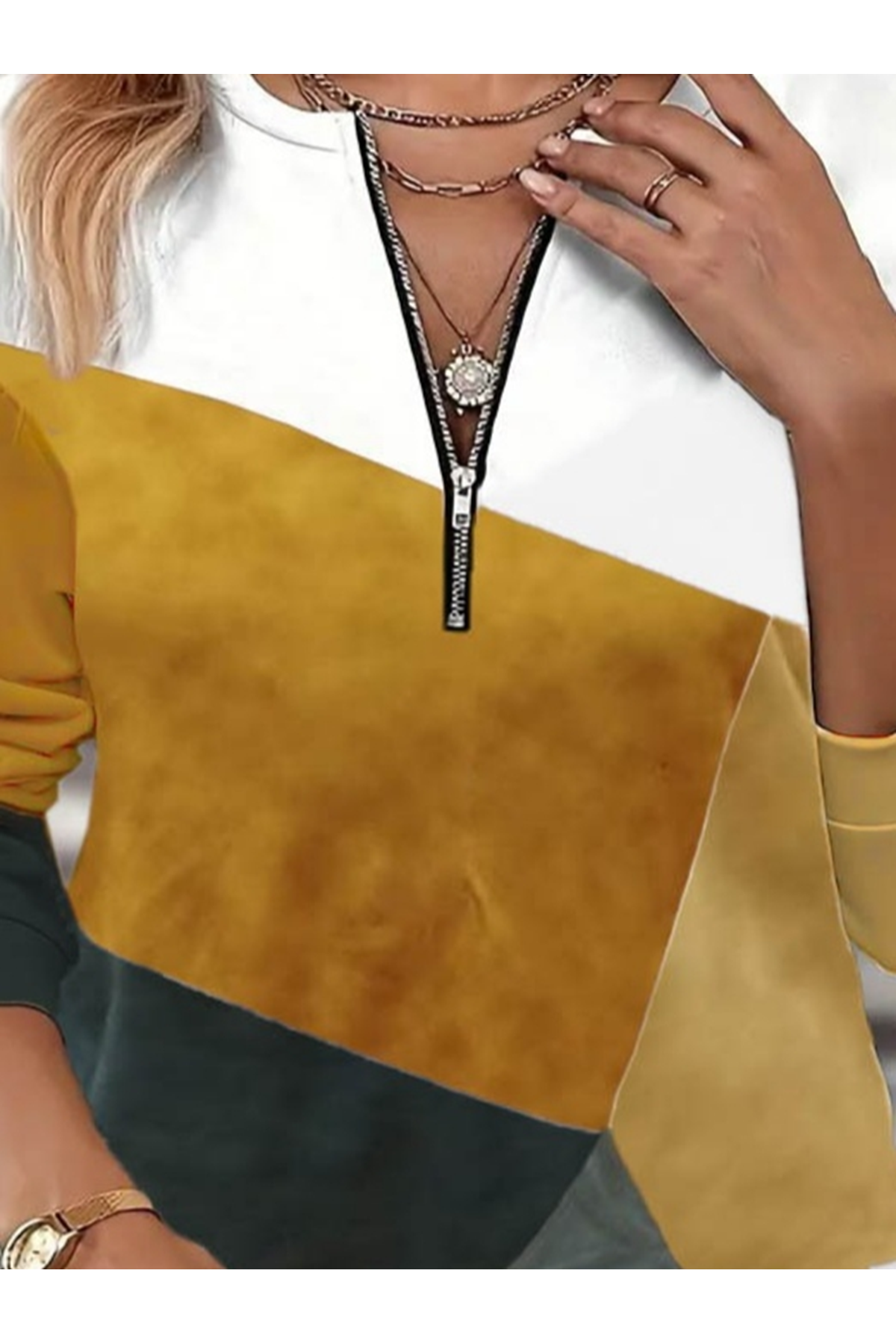 Kadın Uzun Kollu önden Fermuar Detaylı Desenli şardonlu Dalgıç Bluz