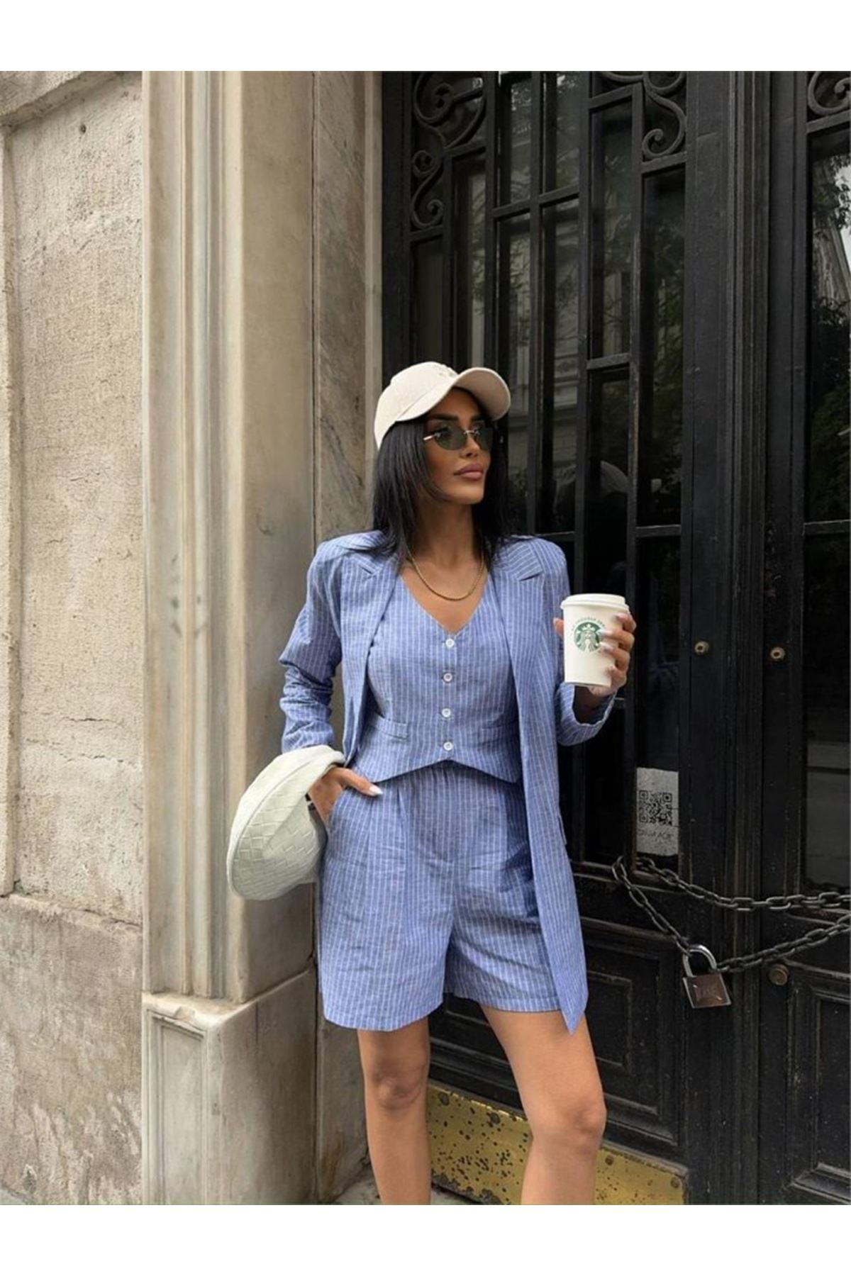 ÇİZGİLİ KETEN CEKET YELEK ŞORT TK - Mavi