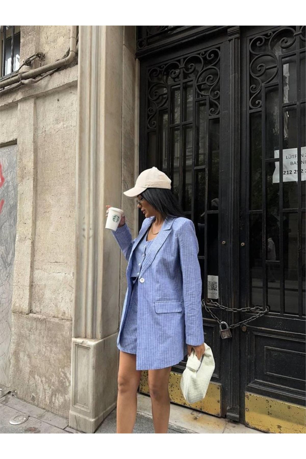 ÇİZGİLİ KETEN CEKET YELEK ŞORT TK - Mavi