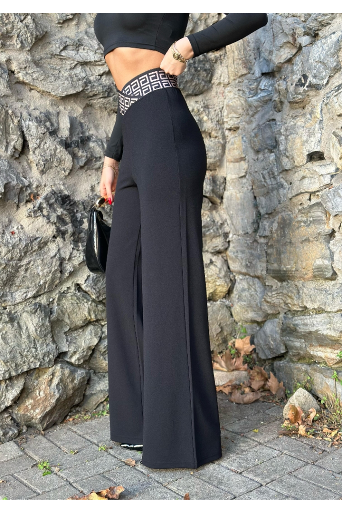 Kadın Belde Kruvaze Ve Ribana Detay Ispanyol Paça Ithal Krep Pantolon