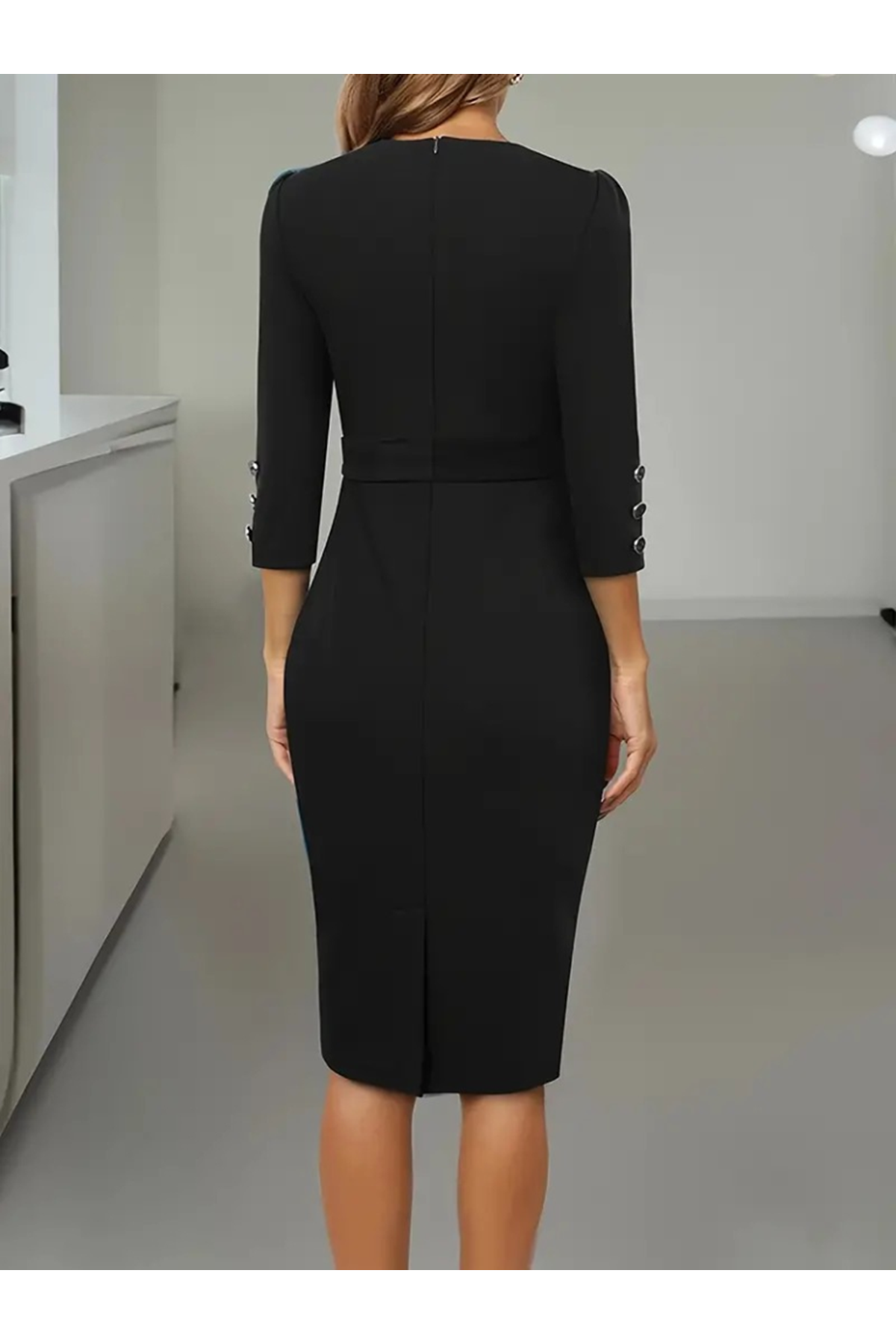 Kadın Uzun Kollu Düğme Detaylı Kendinden Kemerli Ithal Krep Elbise
