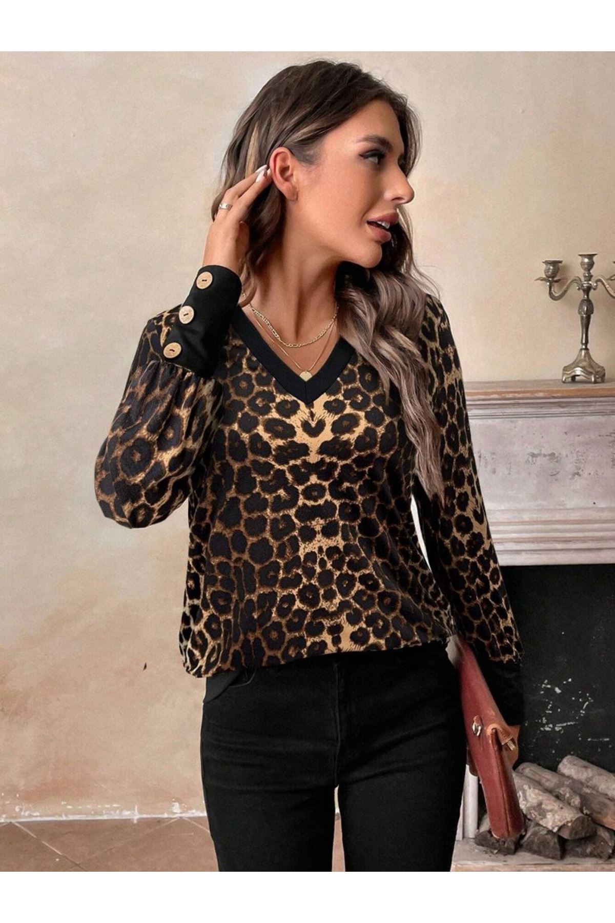 Kadın Uzun Kollu V Yakalı Desenli Süprem Bluz