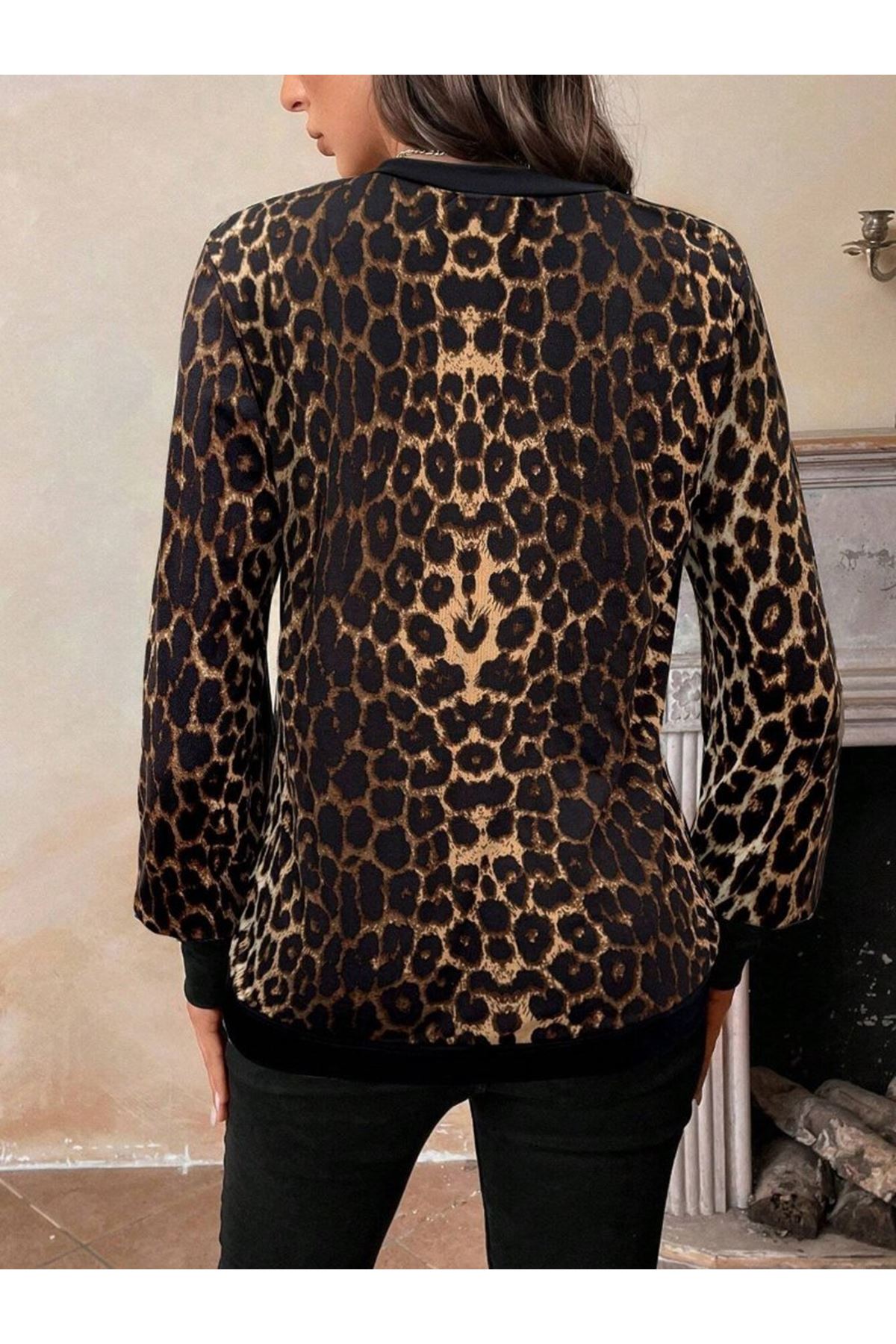 Kadın Uzun Kollu V Yakalı Desenli Süprem Bluz