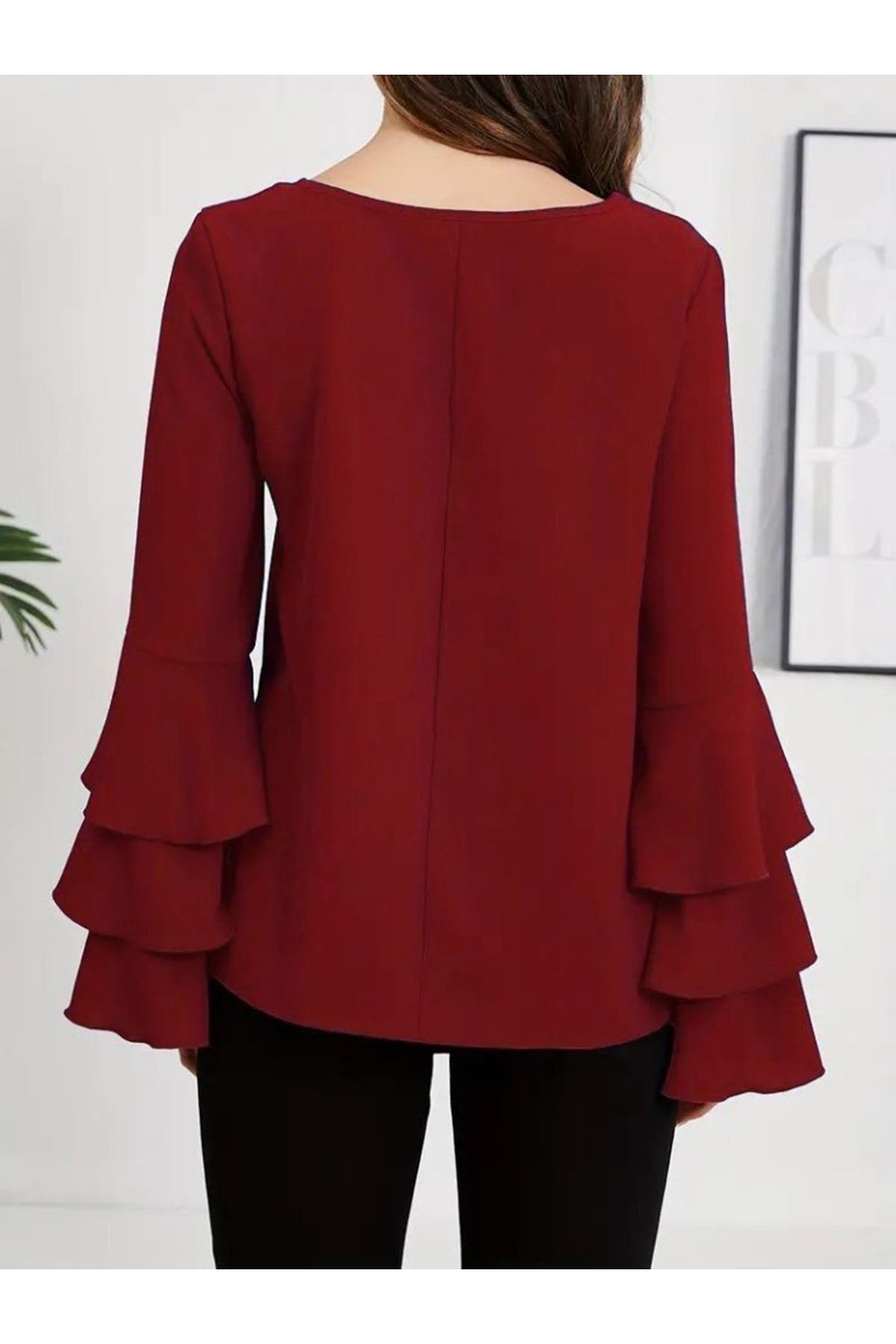 Kadın Uzun Kollu Bisiklet Yaka Kollar İspanyol Volanlı Sandy Bluz