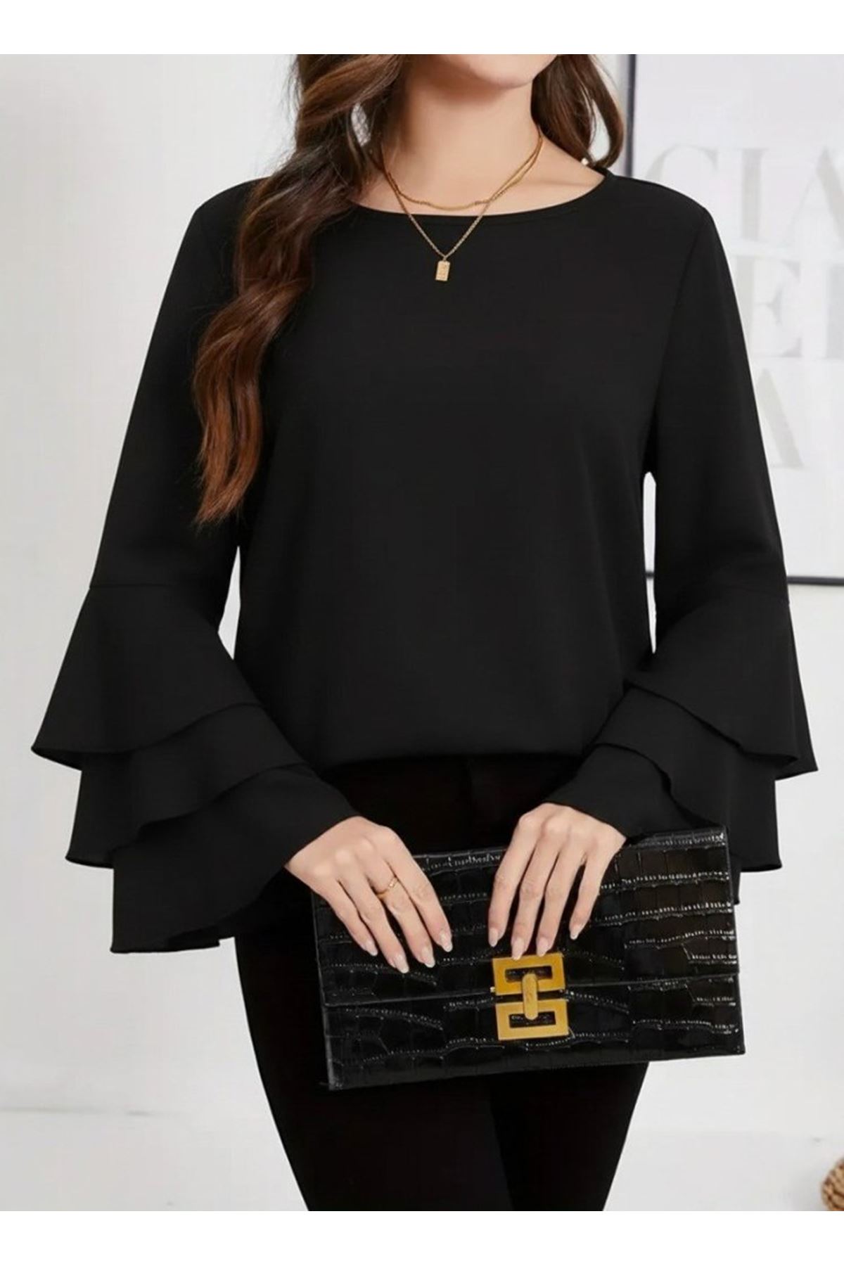 Kadın Uzun Kollu Bisiklet Yaka Kollar İspanyol Volanlı Sandy Bluz