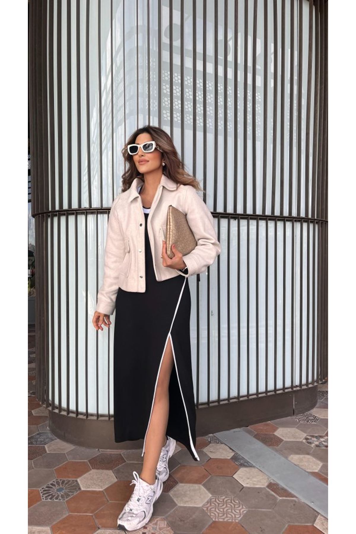 Kadın Uzun Kollu Yuvarlak Ribana Yaka Yırtmaçlı Uzun Viskon Iki Iplik Elbise