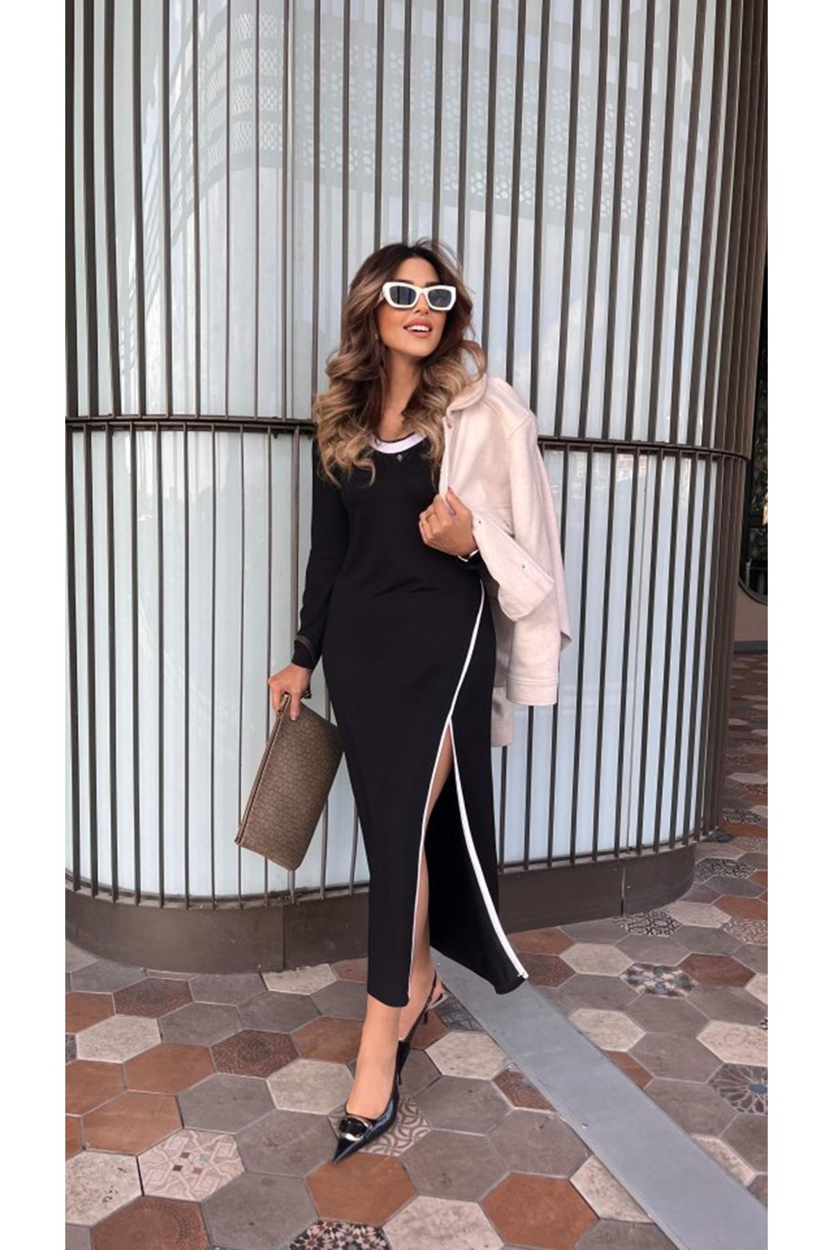 Kadın Uzun Kollu Yuvarlak Ribana Yaka Yırtmaçlı Uzun Viskon Iki Iplik Elbise