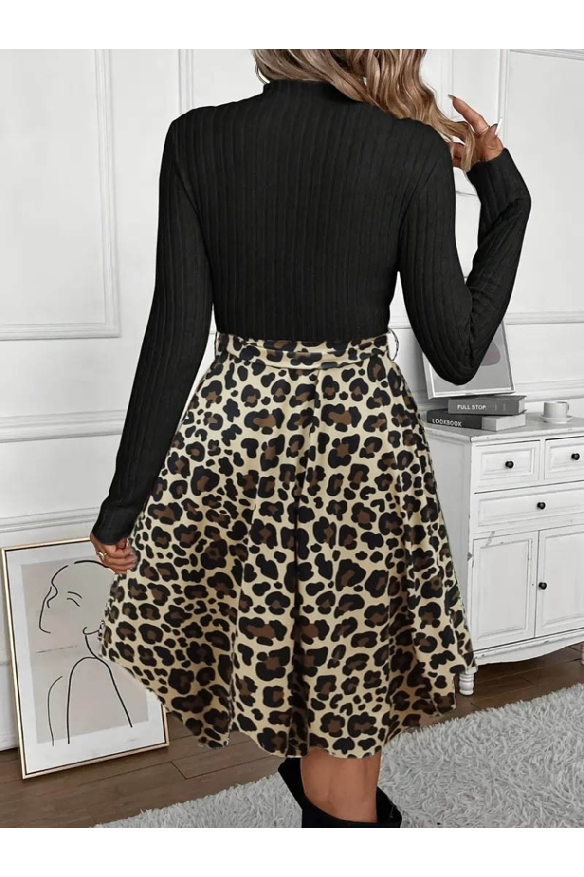 Kadın Uzun Kollu Balıkçı Yaka Belden Bağlamalı üst Kaşkorse Eteği Dalgıç Elbise