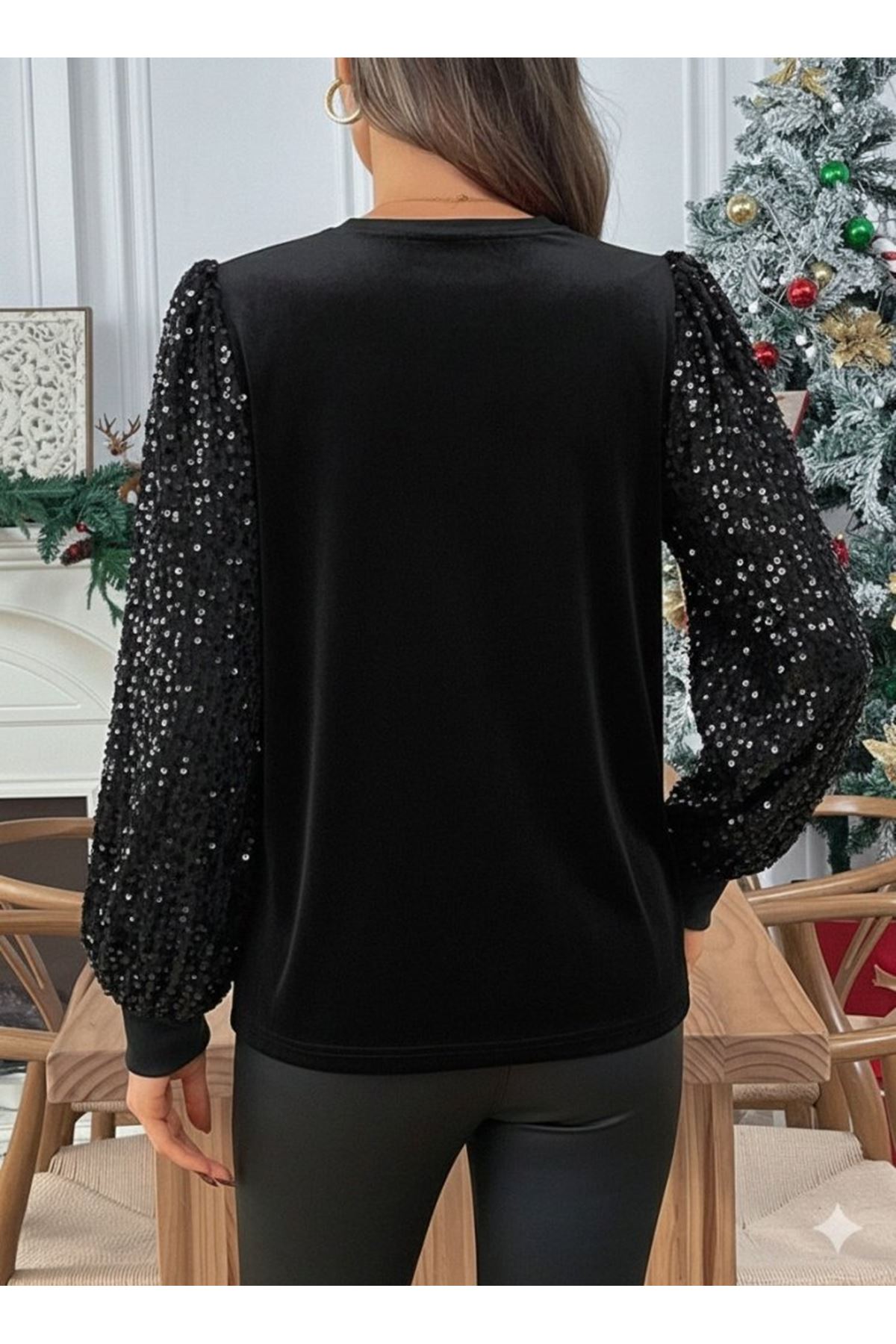 Kadın Uzun Kollu Bisiklet Yaka Kollar Pulpayet Kadife Bluz
