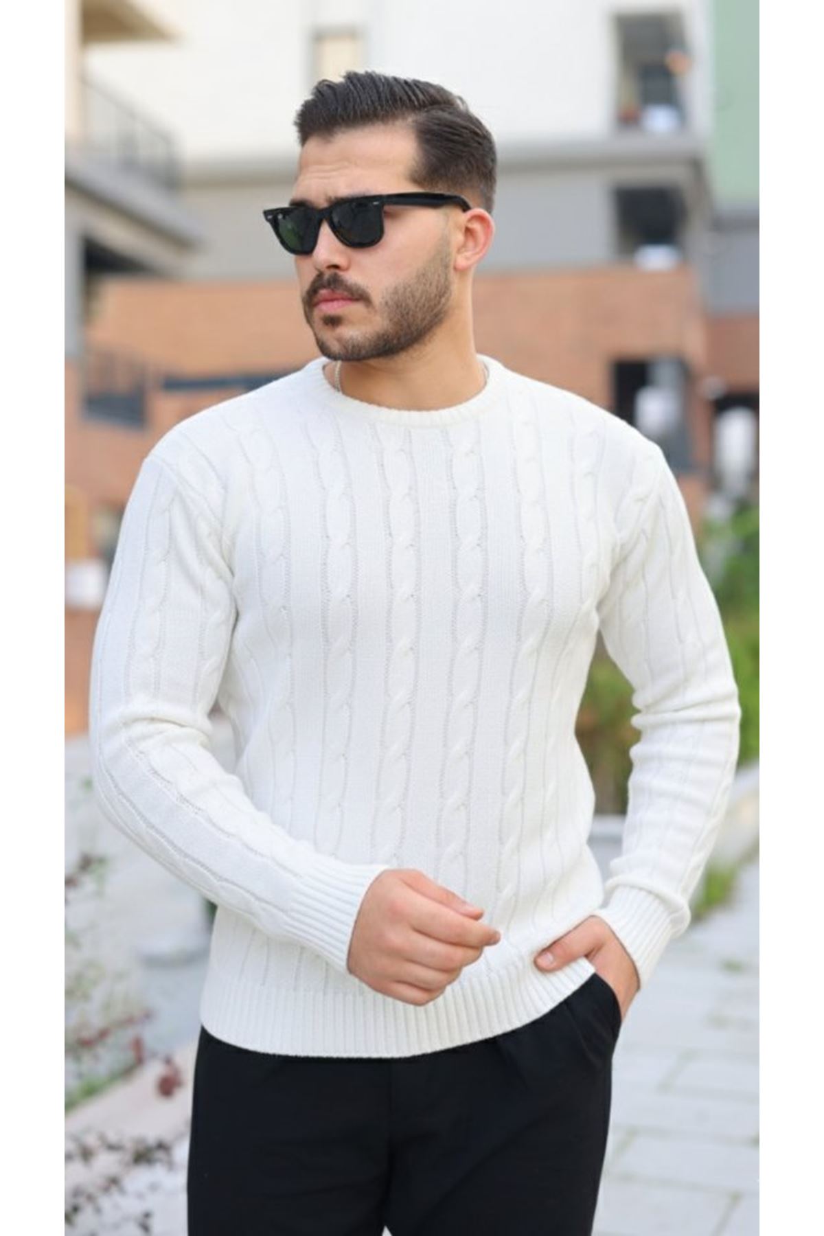 Erkek Örgü Desen Bisiklet Yaka Kazak