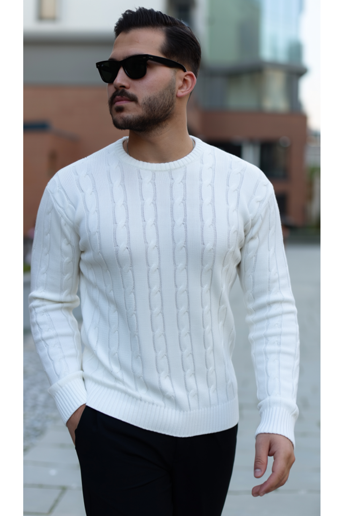 Erkek Örgü Desen Bisiklet Yaka Kazak