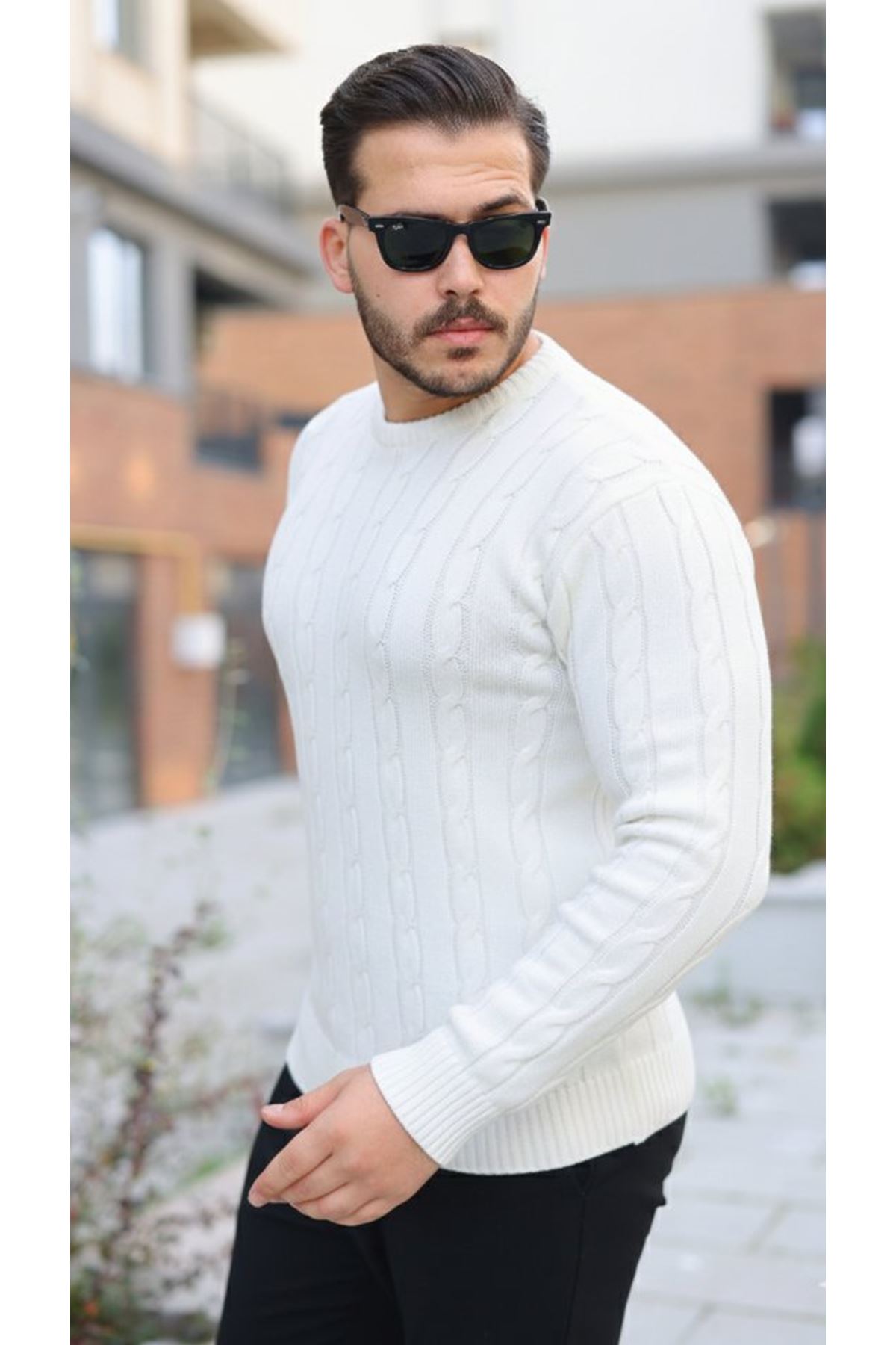 Erkek Örgü Desen Bisiklet Yaka Kazak