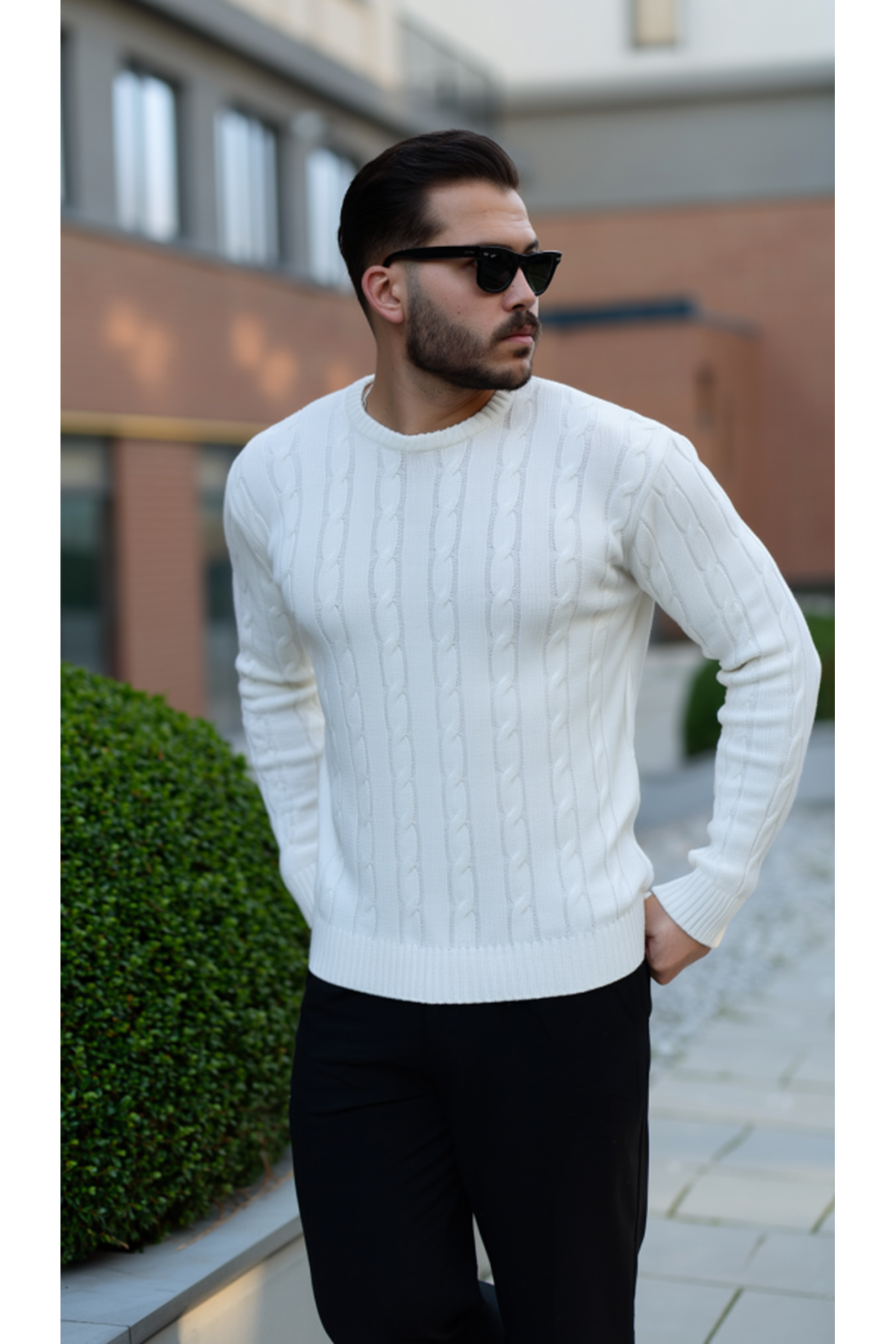 Erkek Örgü Desen Bisiklet Yaka Kazak