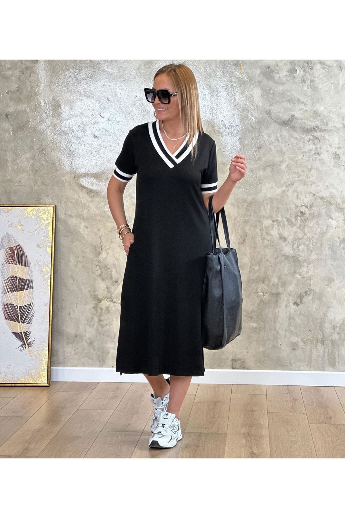 Kadın V Yaka Ribana Detay Midiboy Elbise