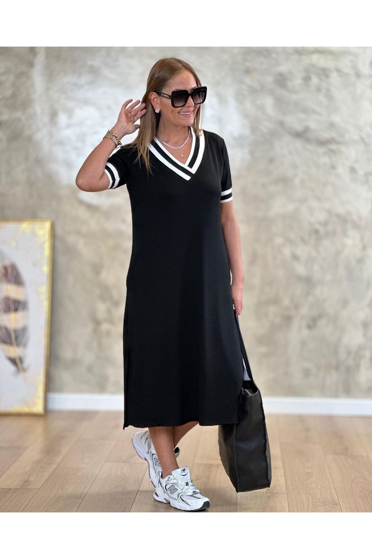 Kadın V Yaka Ribana Detay Midiboy Elbise