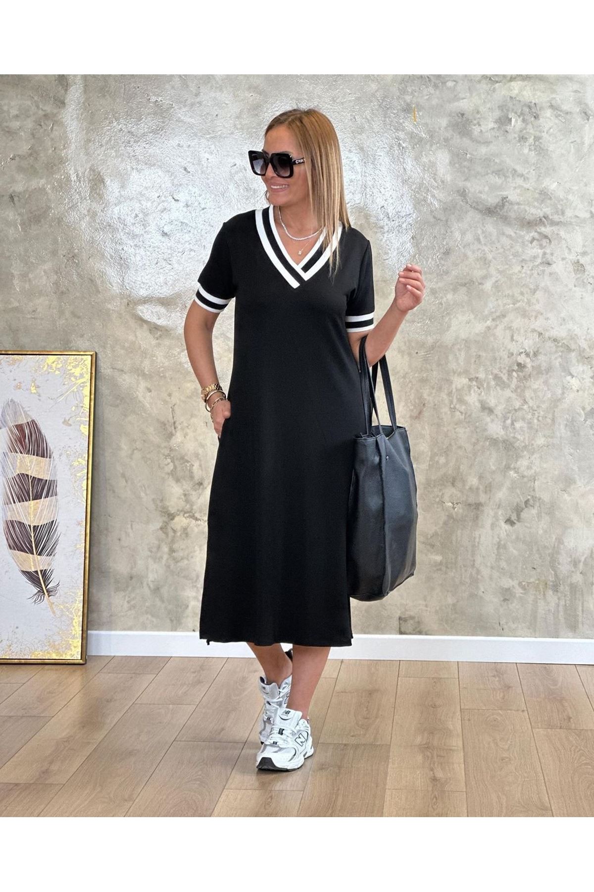 Kadın V Yaka Ribana Detay Midiboy Elbise