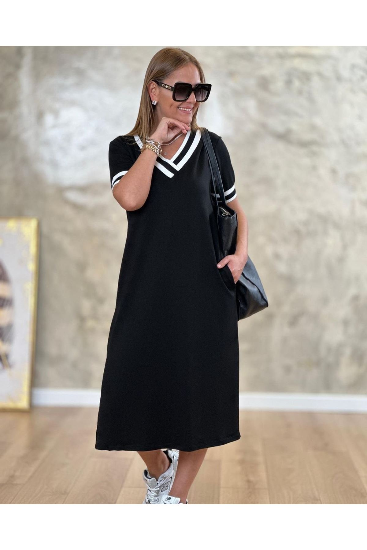 Kadın V Yaka Ribana Detay Midiboy Elbise