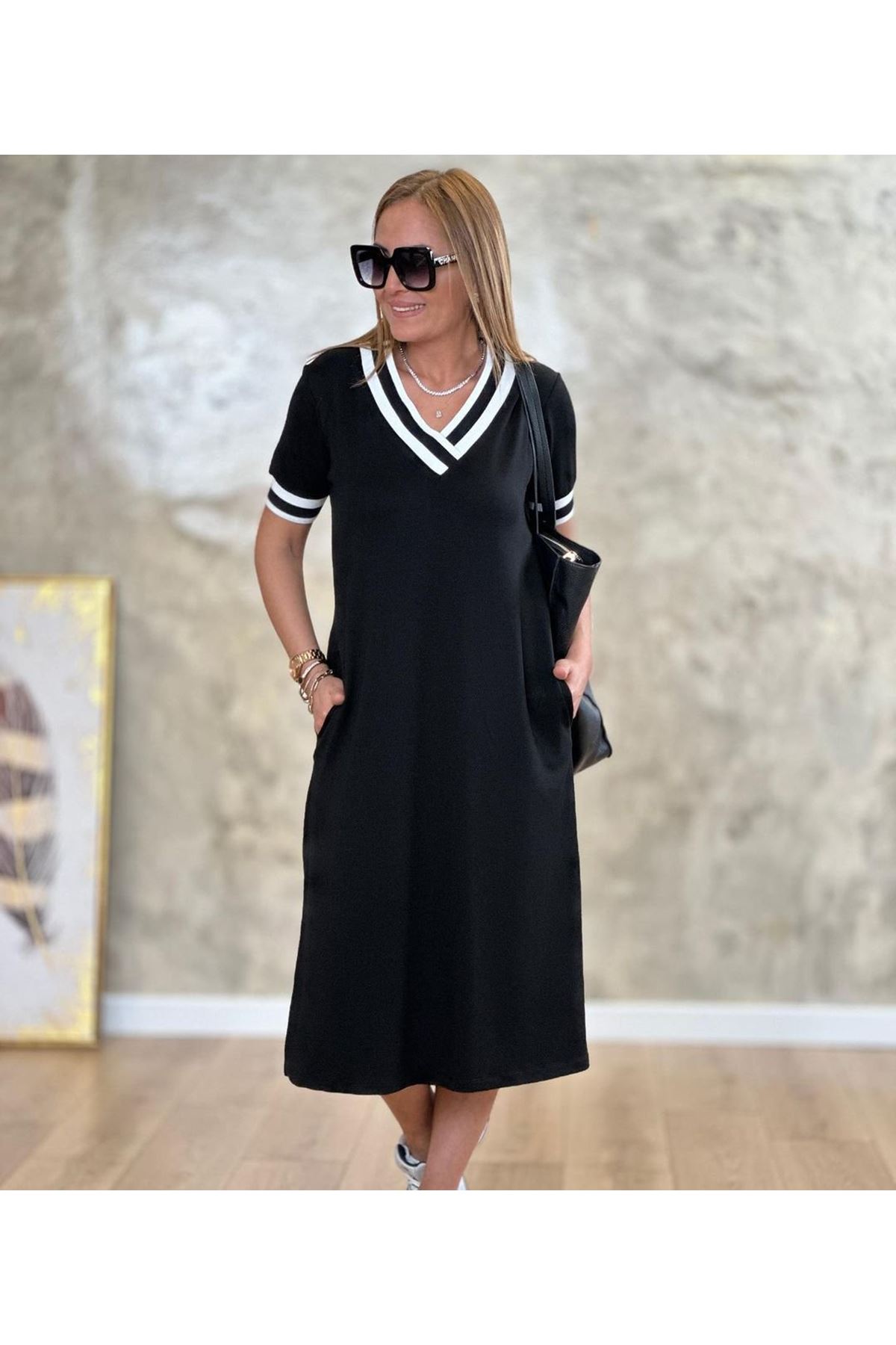 Kadın V Yaka Ribana Detay Midiboy Elbise