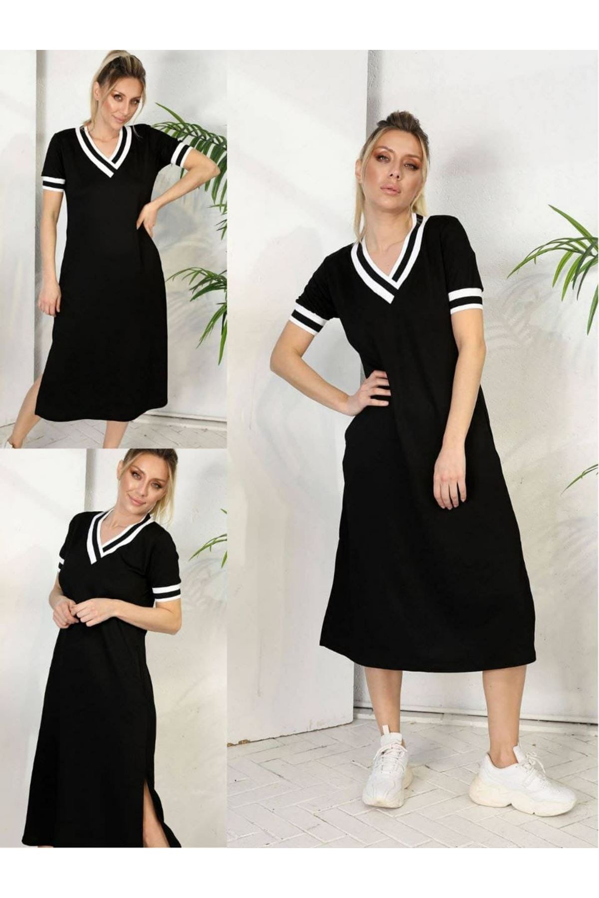 Kadın V Yaka Ribana Detay Midiboy Elbise