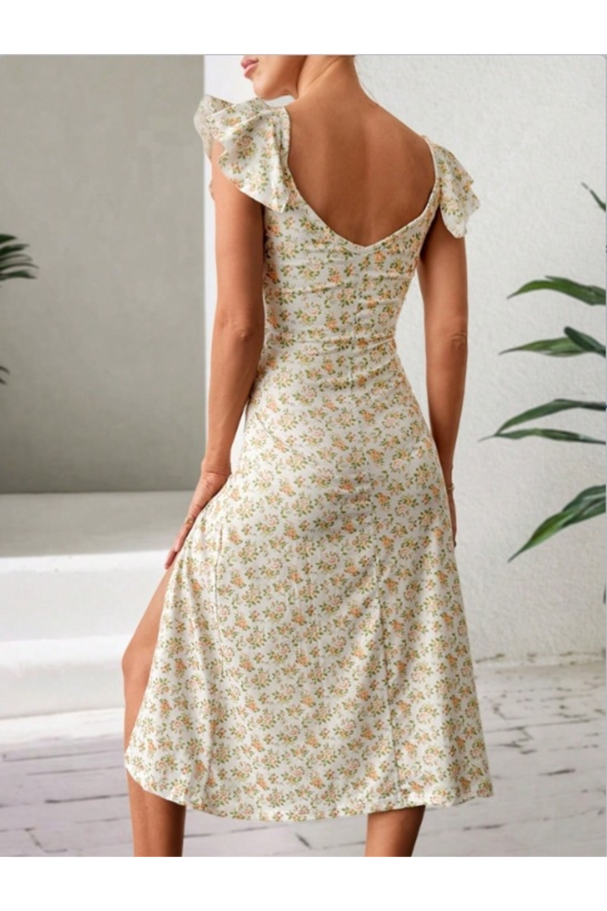 Kadın Kısa Kollu çiçek Desen Yırtmaçlı Süprem Elbise