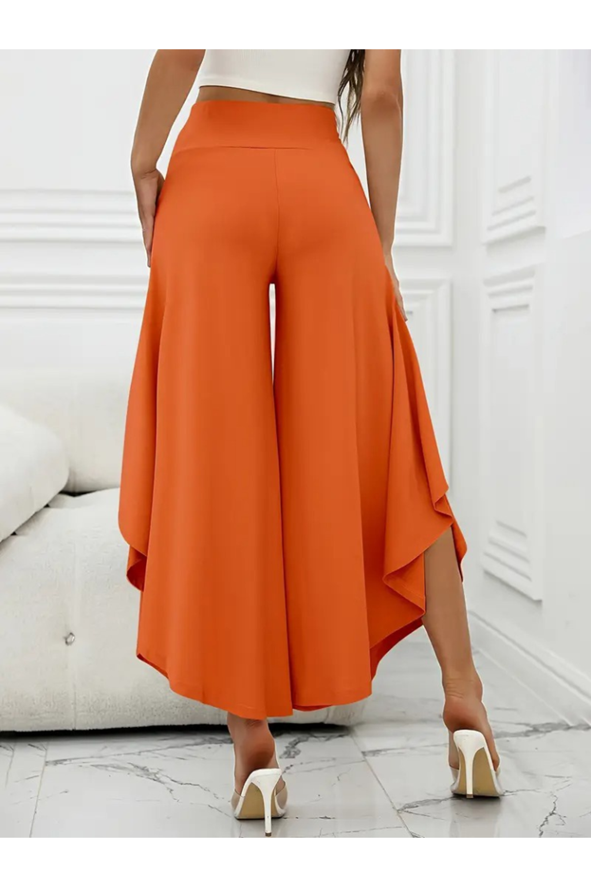 Kadın Yüksek Belli Geniş Paçalı Yanlardan Açık Sandy Pantolon