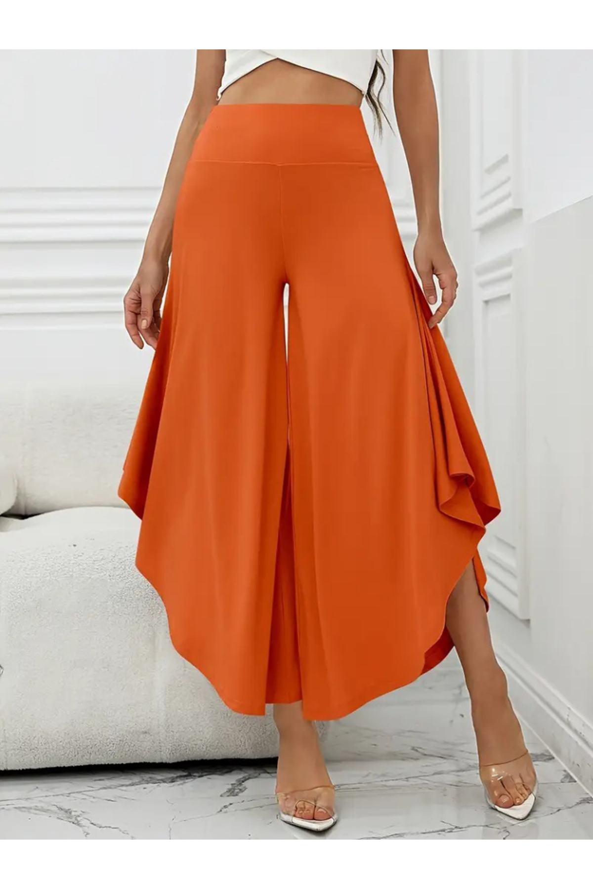 Kadın Yüksek Belli Geniş Paçalı Yanlardan Açık Sandy Pantolon