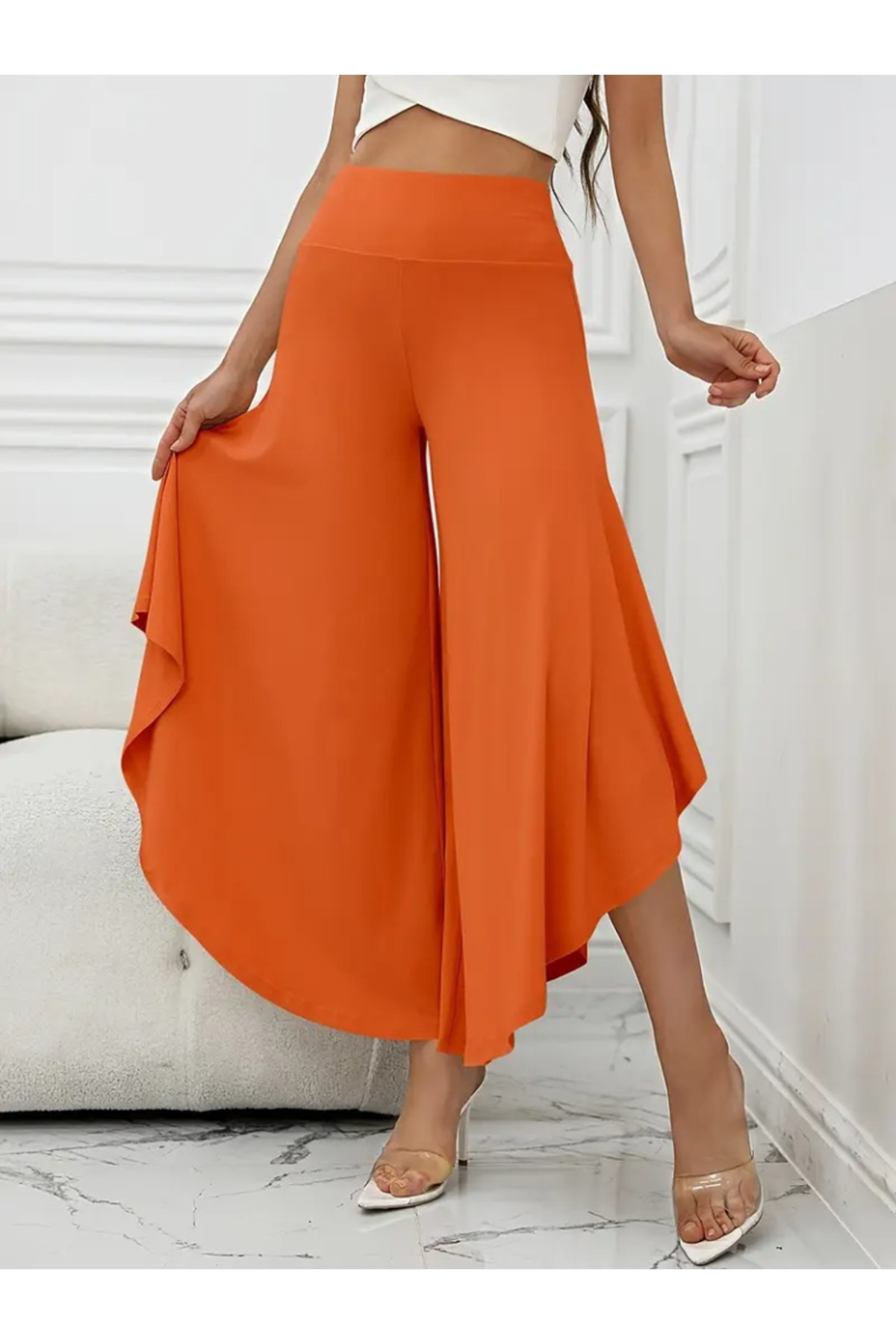 Kadın Yüksek Belli Geniş Paçalı Yanlardan Açık Sandy Pantolon