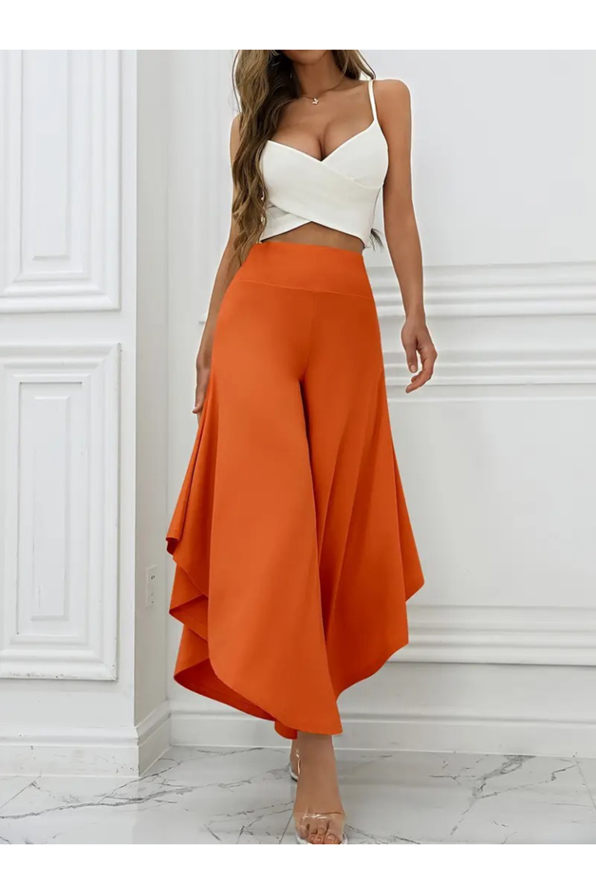 Kadın Yüksek Belli Geniş Paçalı Yanlardan Açık Sandy Pantolon