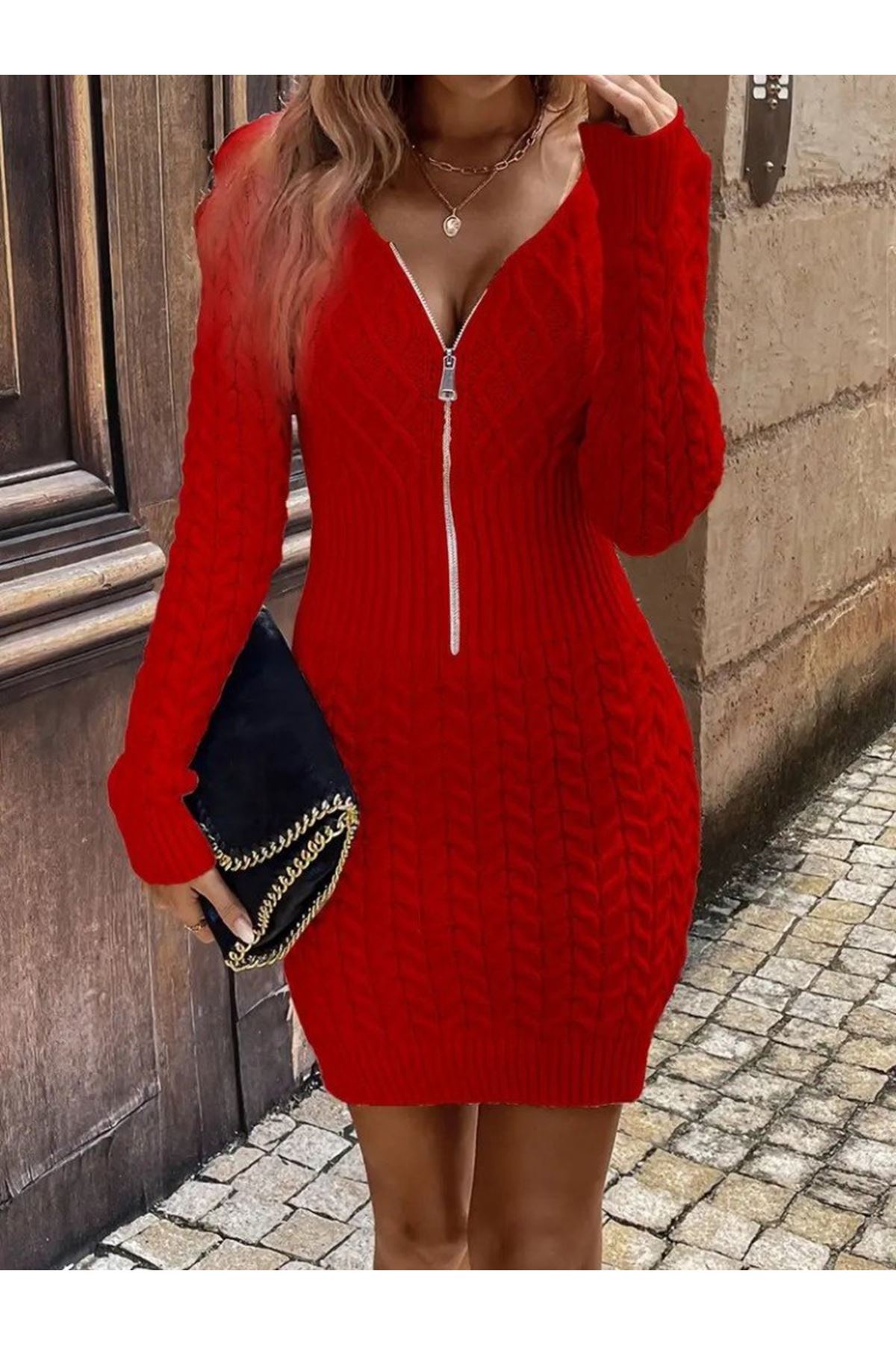 Kadın Uzun Kollu V Yakalı önden Fermuarlı Kısa Triko Elbise