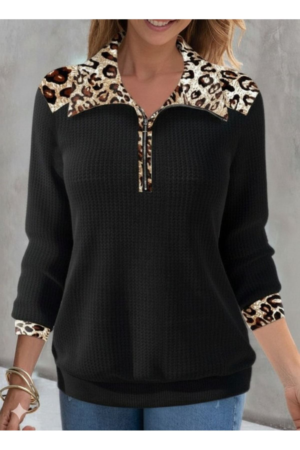 Kadın Uzun Kollu Leopar Yakalı Fermuarlı Waffle Bluz