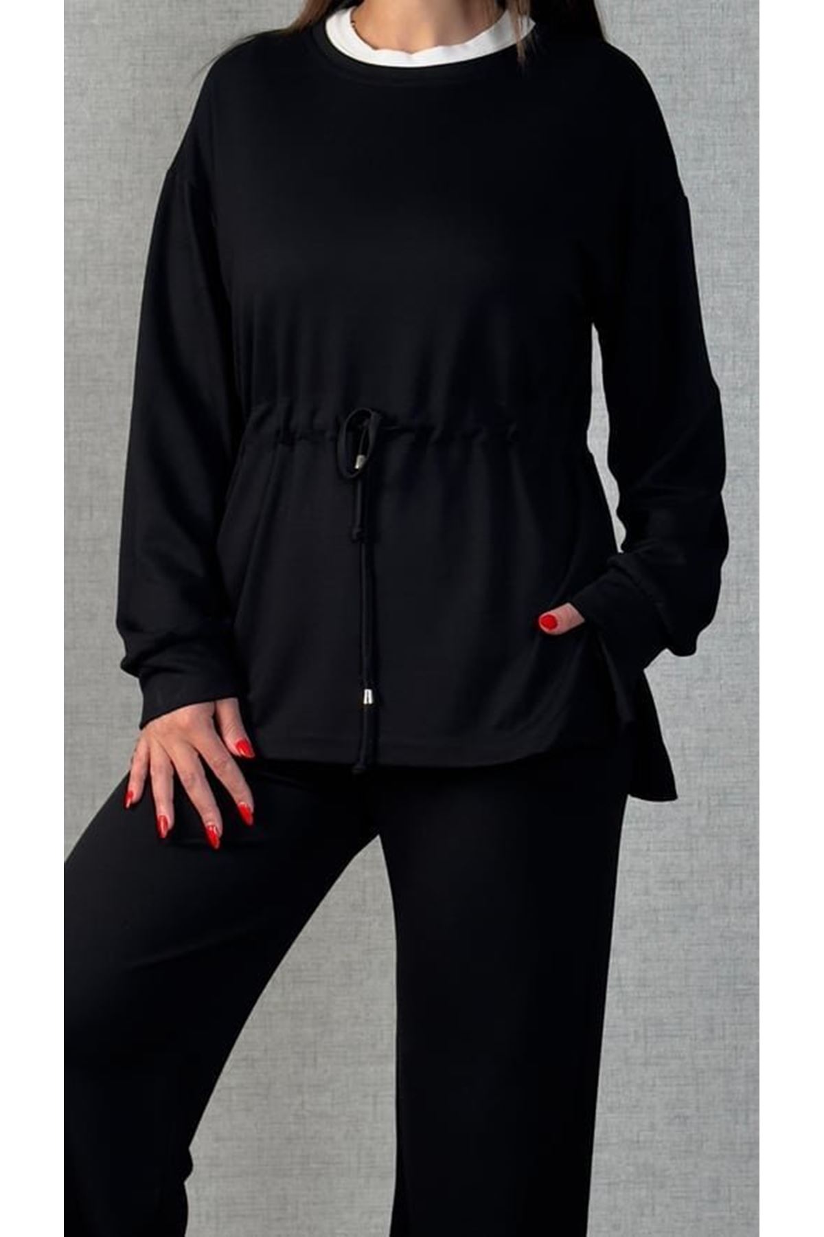 Kadın Uzun Kollu Bisiklet Yaka Belden Büzgülü Bağcıklı Viskon Iki Iplik Bluz Ve Pantolon Ikili Takım