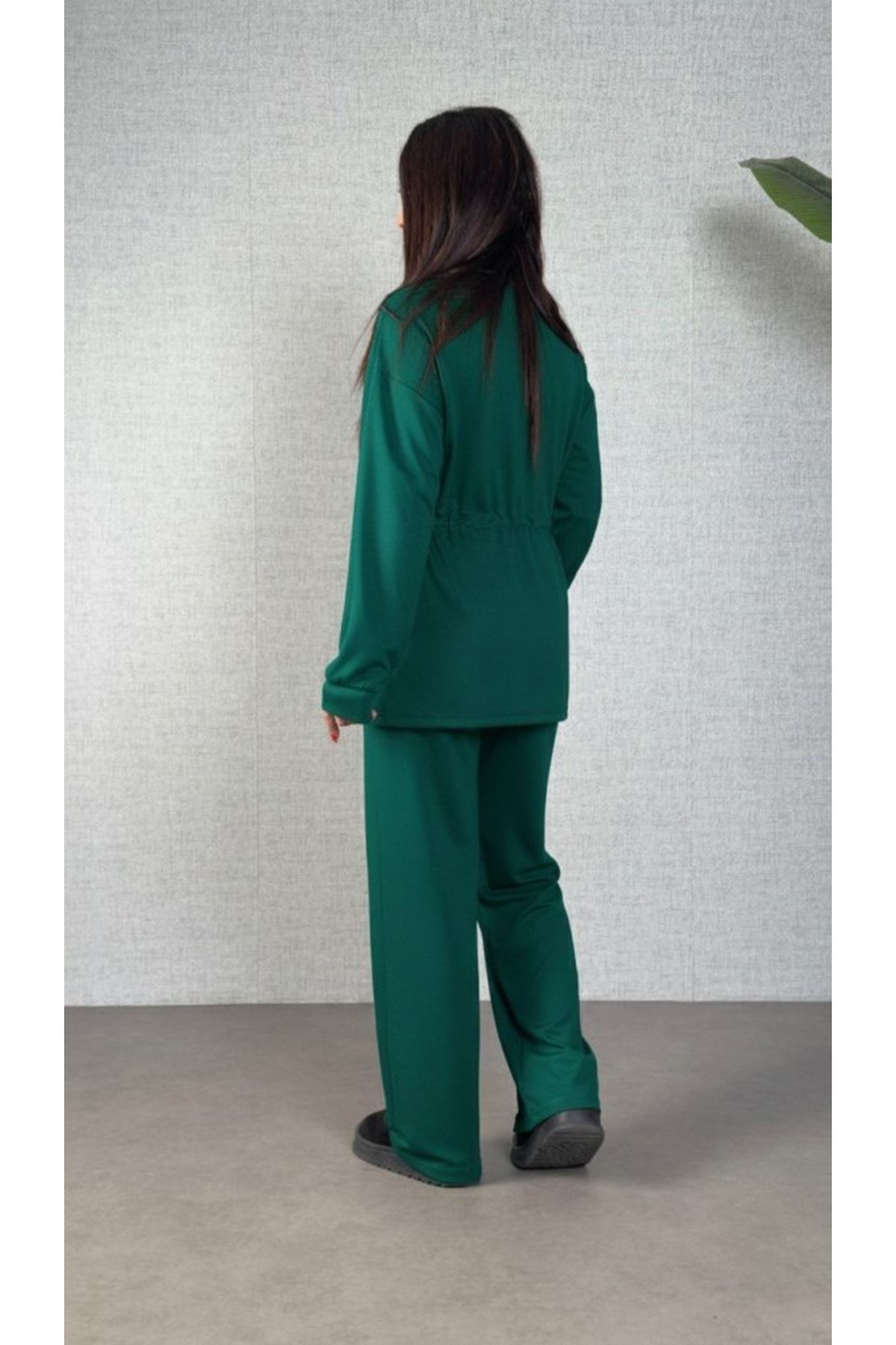 Kadın Uzun Kollu Bisiklet Yaka Belden Büzgülü Bağcıklı Viskon Iki Iplik Bluz Ve Pantolon Ikili Takım