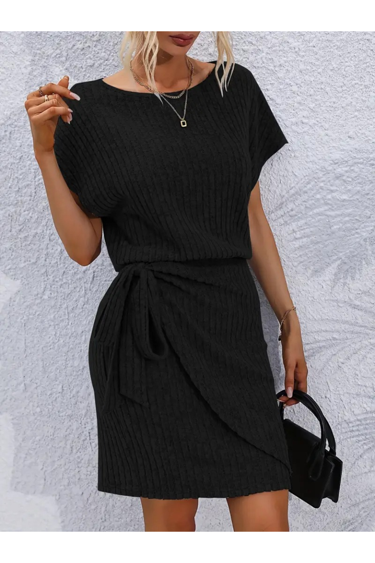 Kadın Kısa Kollu Yakası Açık Belden Lastikli Yandan Bağlamalı Kalın Fitilli Kaşkorse Elbise