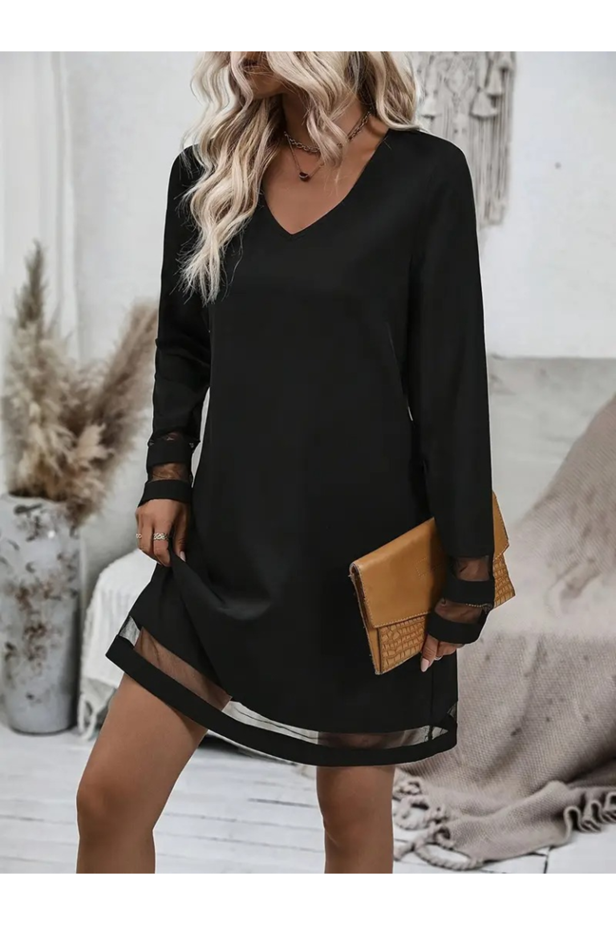 Kadın Uzun Kollu V Yakalı şeritli Tül Detaylı Ithal Krep Elbise