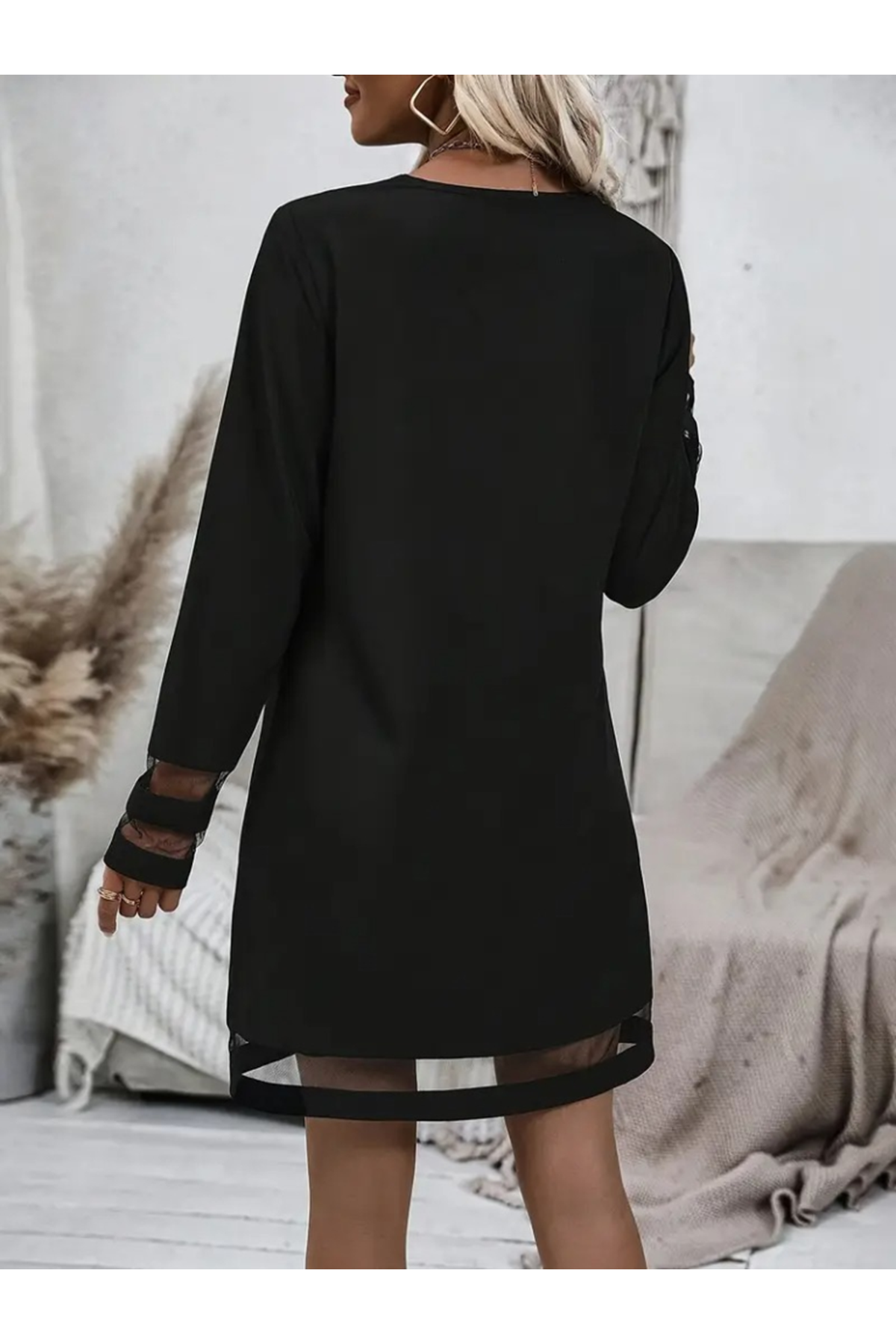 Kadın Uzun Kollu V Yakalı şeritli Tül Detaylı Ithal Krep Elbise